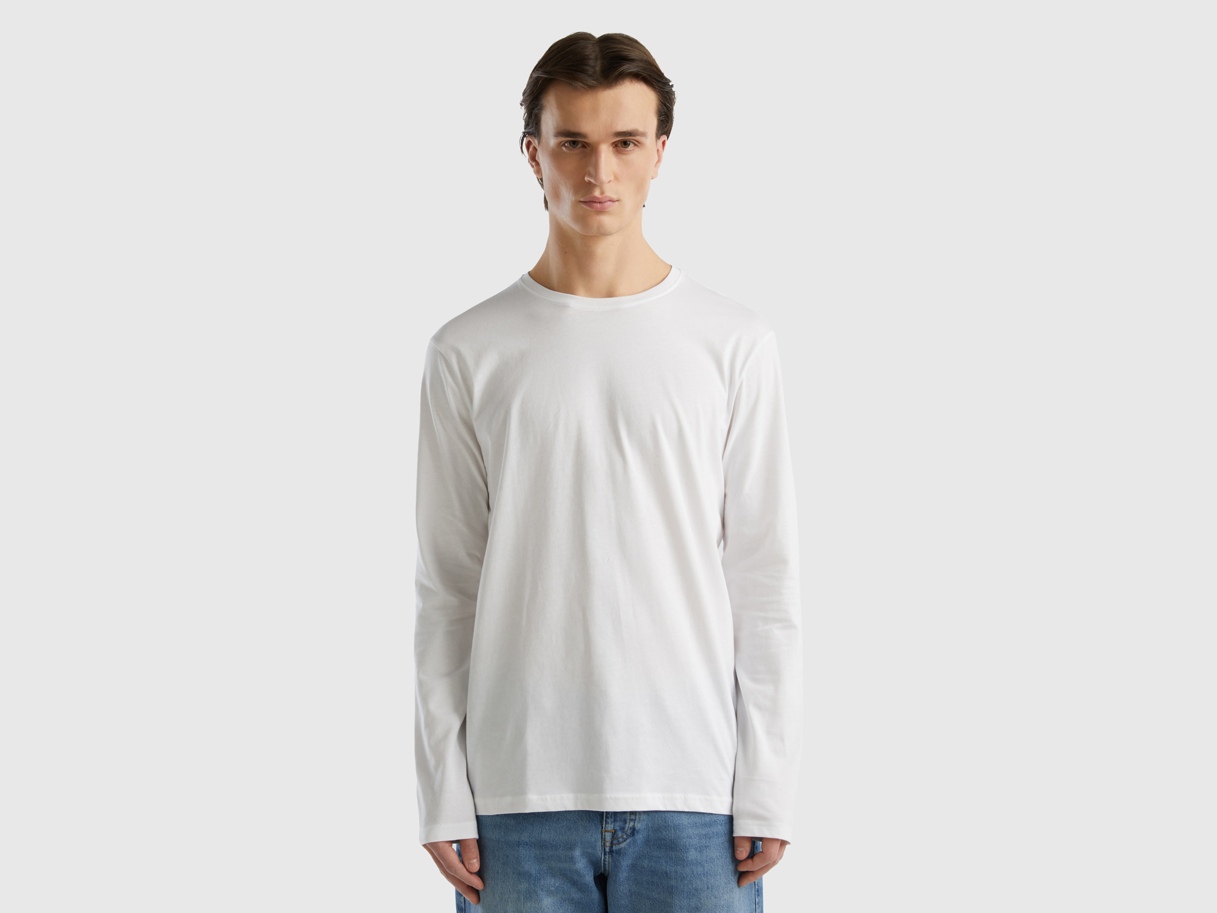 Benetton, Long Sleeve Pure Cotton T-shirt, size XXL, White, Men