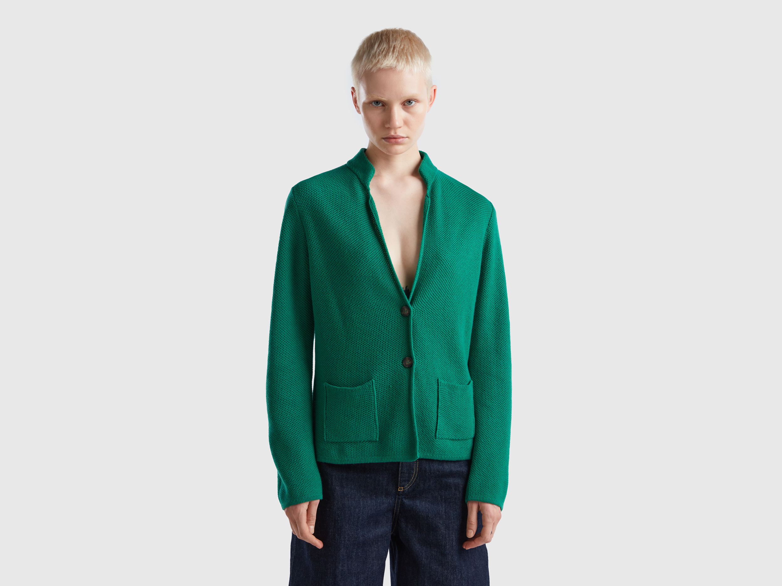 Benetton, Knit Jacket In Wool And Cashmere Blend, size S, Green, Women