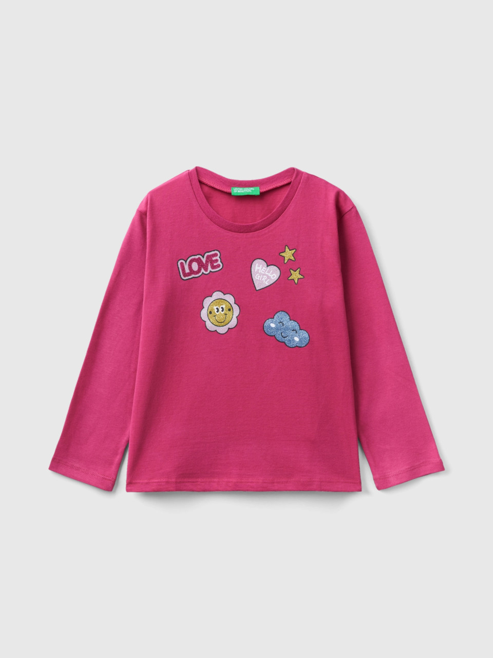 Benetton, T-shirt Chaud Avec Imprimé Et Glitters, Cyclamen, Enfants