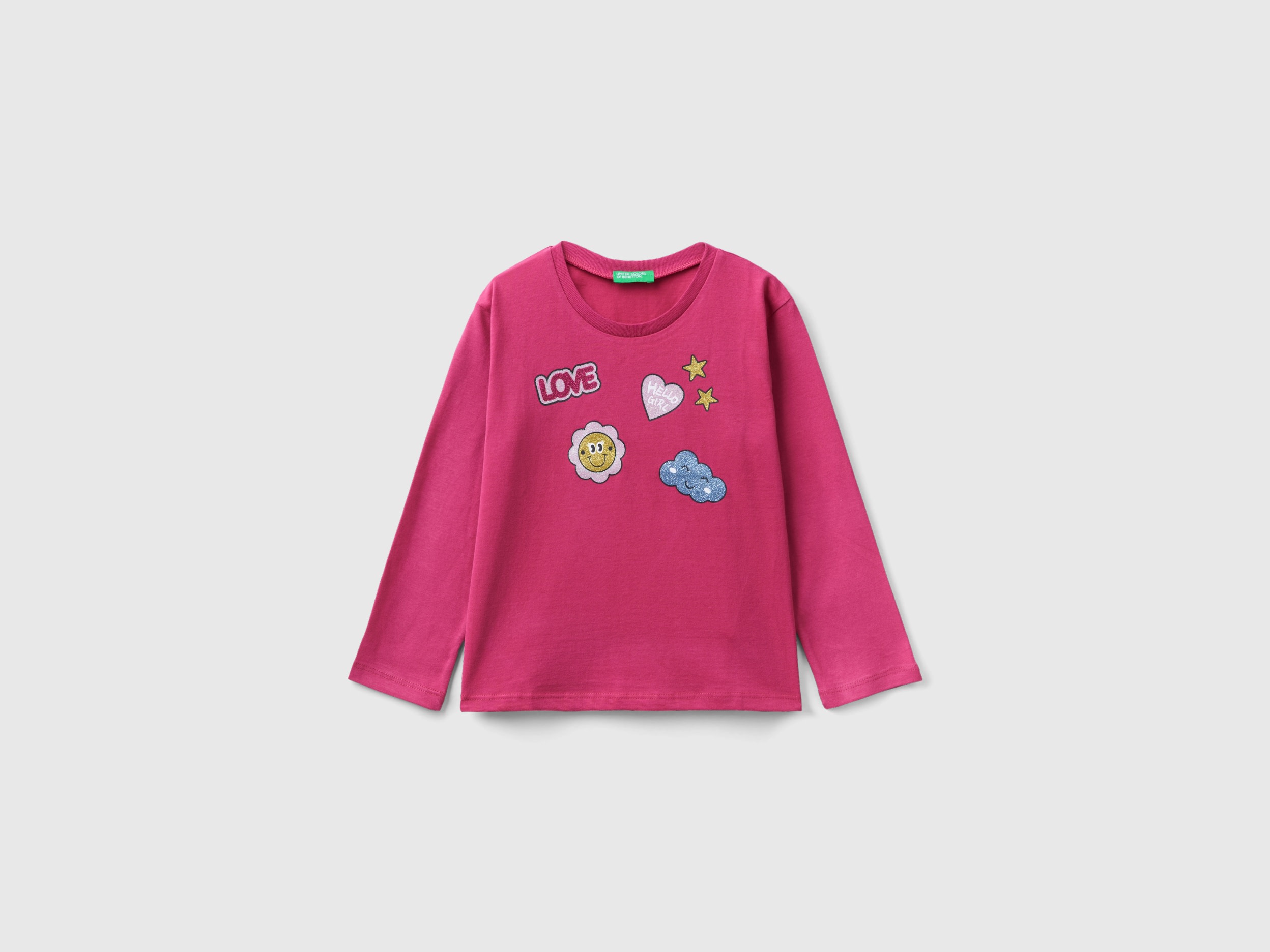 Benetton, Warm T-shirt With Print And Glitter, size 18-24, Cyclamen, Kids