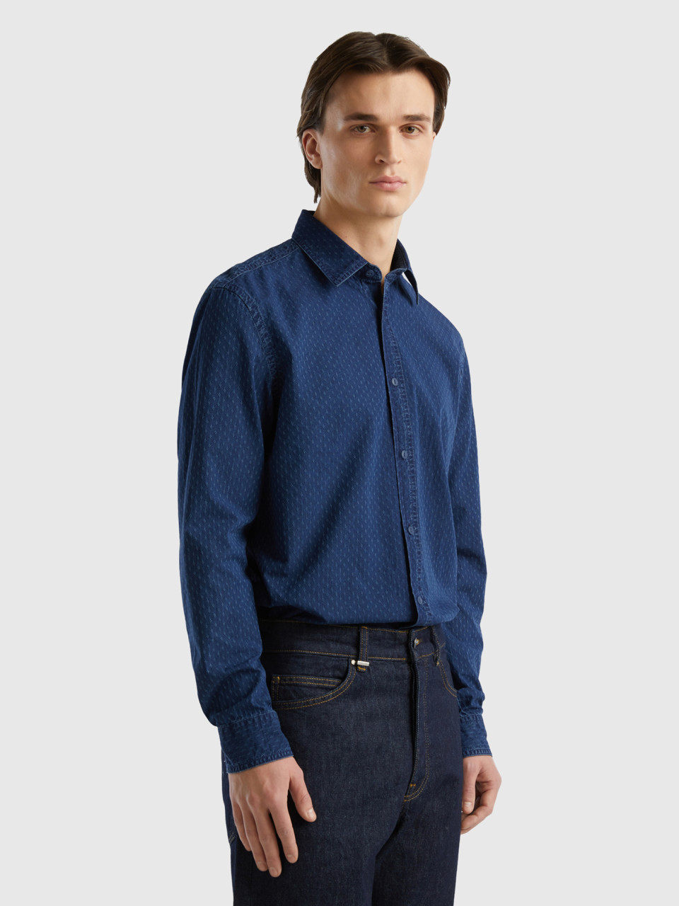 Benetton, Camisa Vaquera Con Microestampado, Azul, Hombre