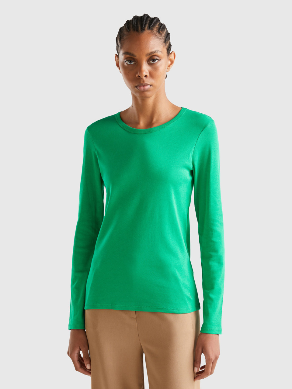 Benetton, Camiseta De Manga Larga De Algodón Puro, Verde, Mujer