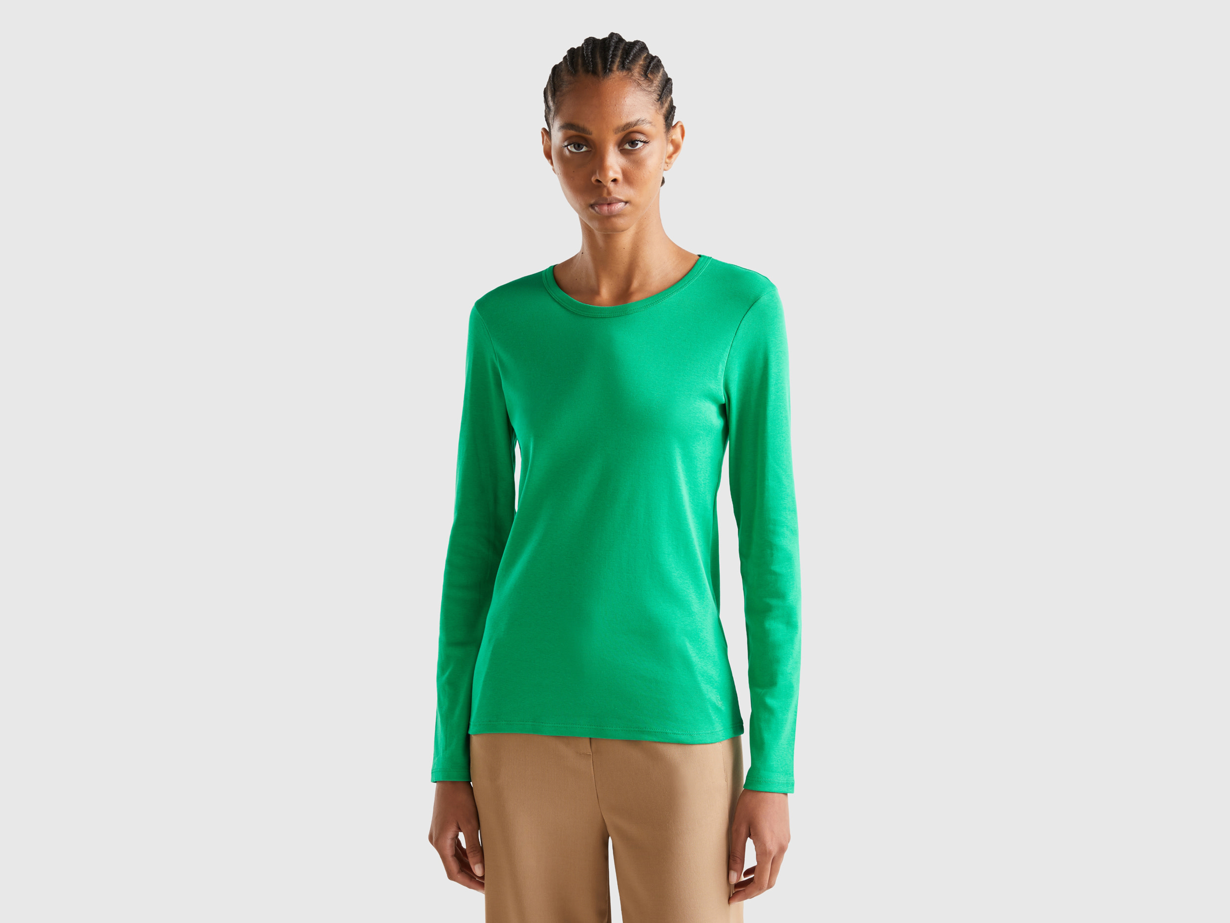 Benetton, Long Sleeve Pure Cotton T-shirt, size XL, Green, Women