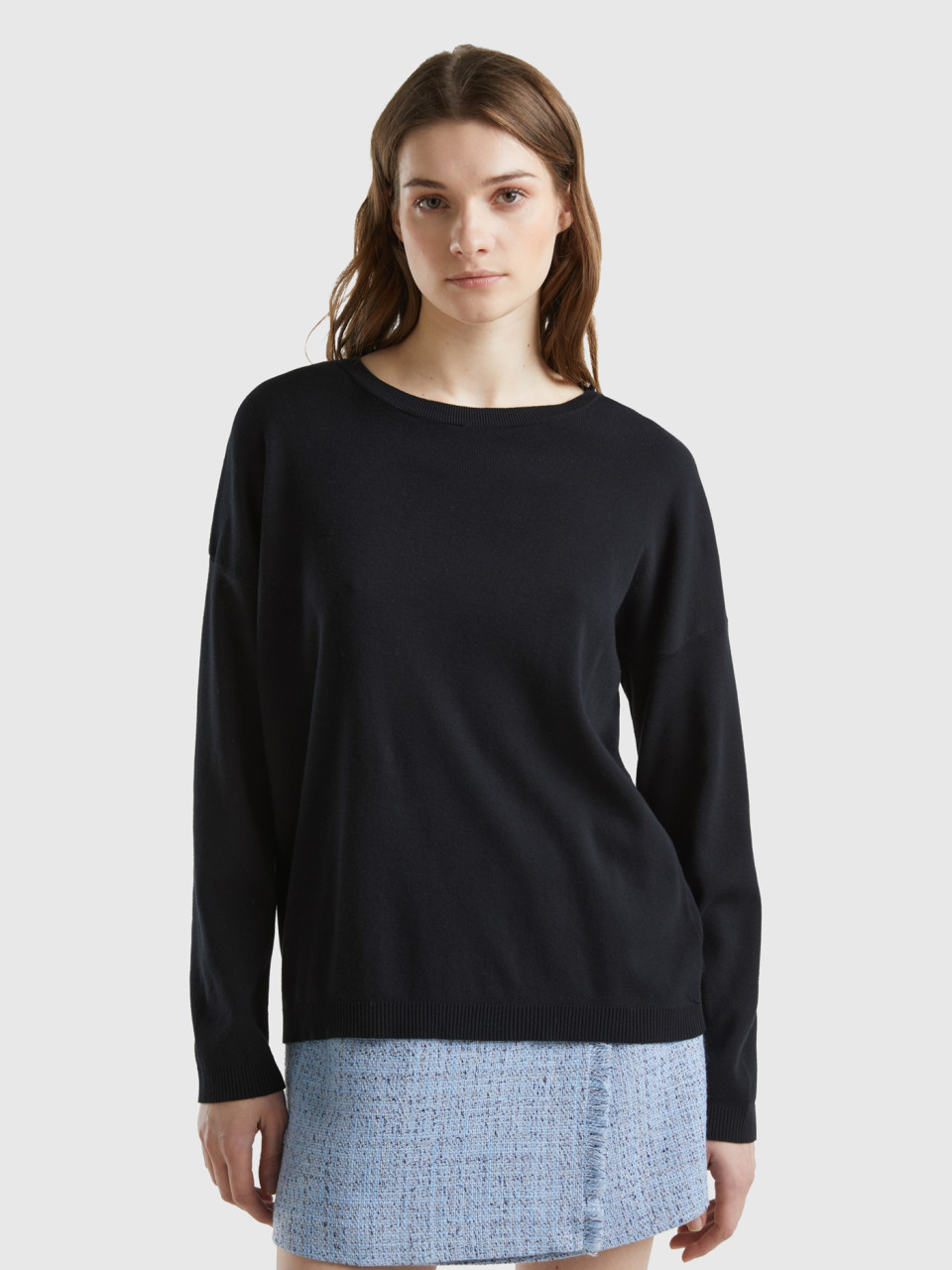 Benetton, Cotton Sweater With Round Neck, Black, Women