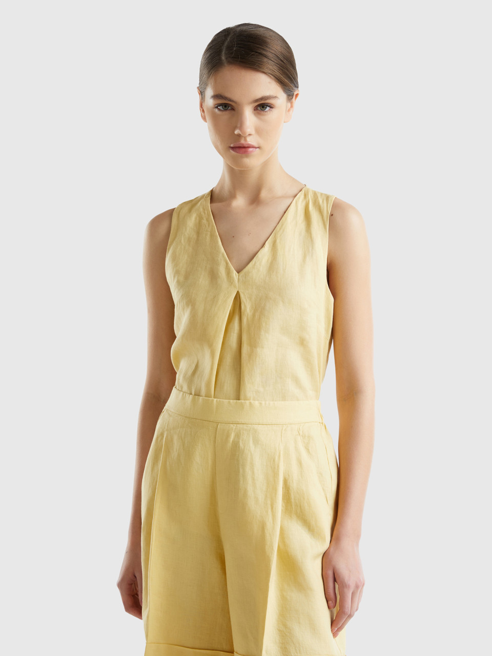 Benetton, Sleeveless Blouse In Pure Linen, Yellow, Women