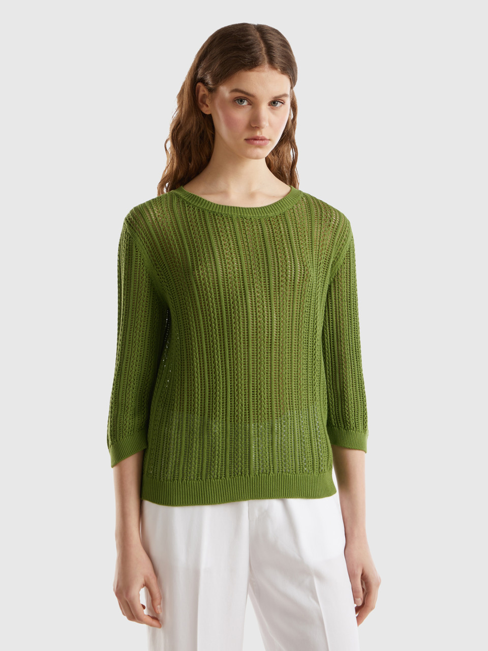 Benetton, Crochet Sweater, Military Green, Women