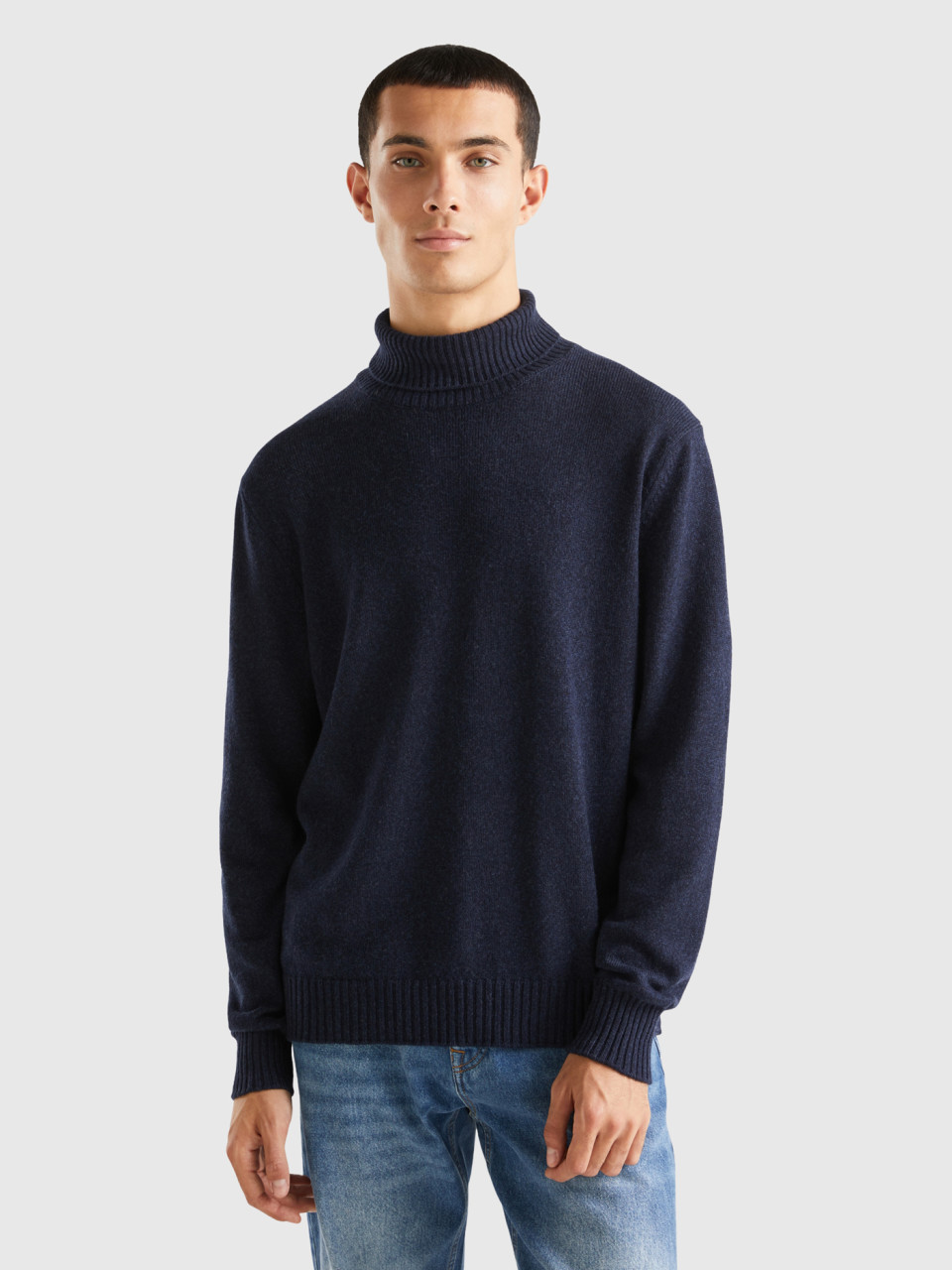 Benetton, Turtleneck Sweater In Cashmere And Wool Blend, Dark Blue, Men