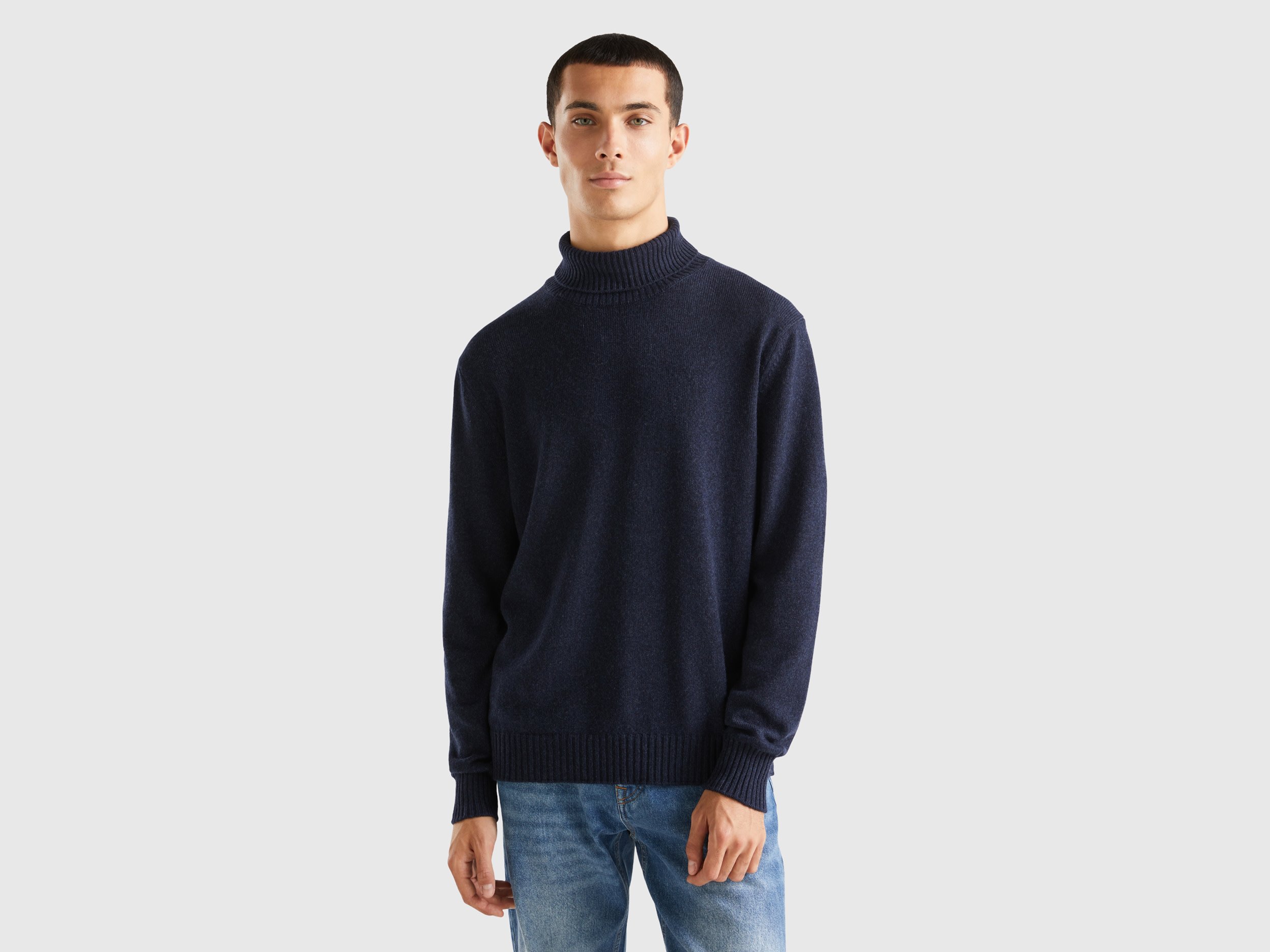 Benetton, Turtleneck Sweater In Cashmere And Wool Blend, size XXL, Dark Blue, Men
