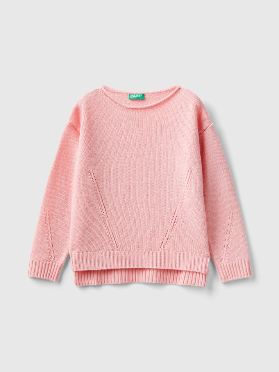 Benetton, Knit Sweater With Playful Stitching, Pink, Kids