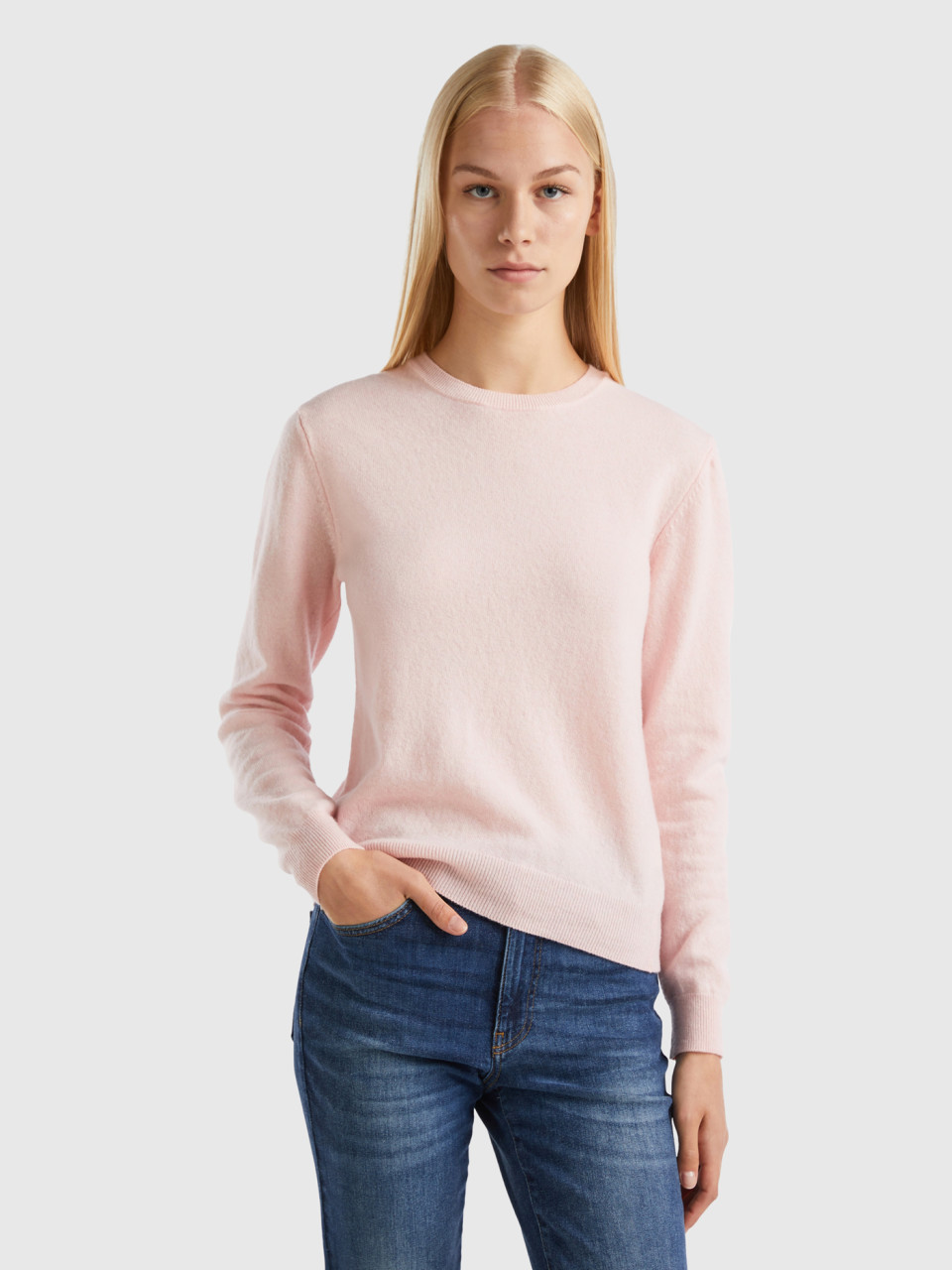 Benetton, Pastel Pink Crew Neck Sweater In Merino Wool, Pastel Pink, Women