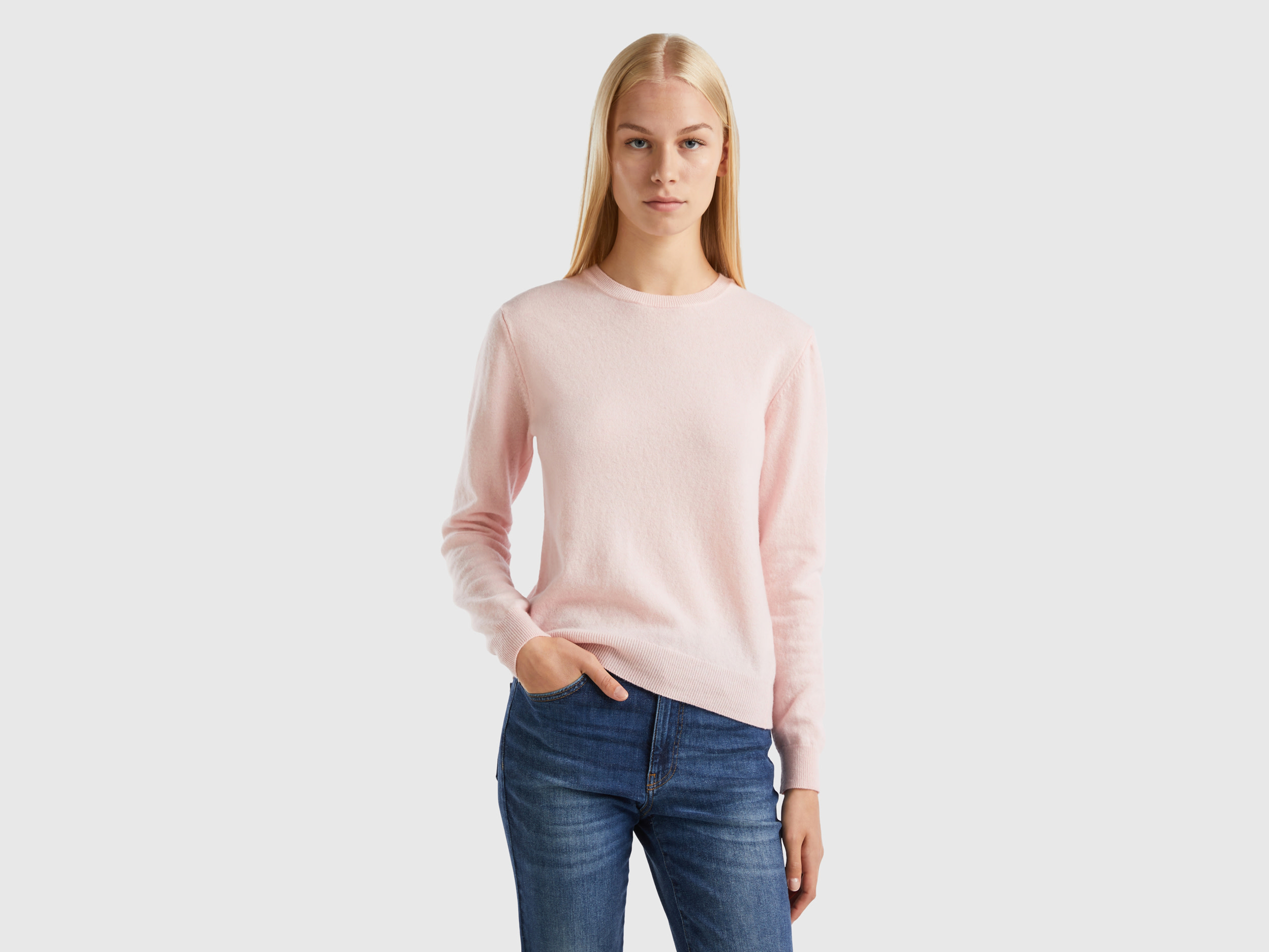 Benetton, Pastel Pink Crew Neck Sweater In Merino Wool, size S, Pastel Pink, Women