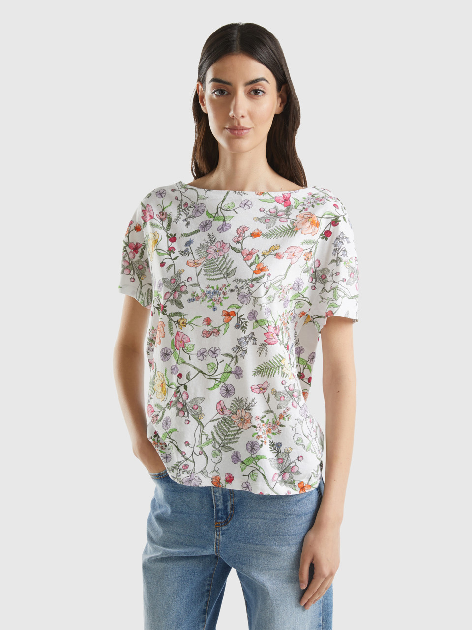 Benetton, Camiseta Con Estampado De Flores, Blanco, Mujer
