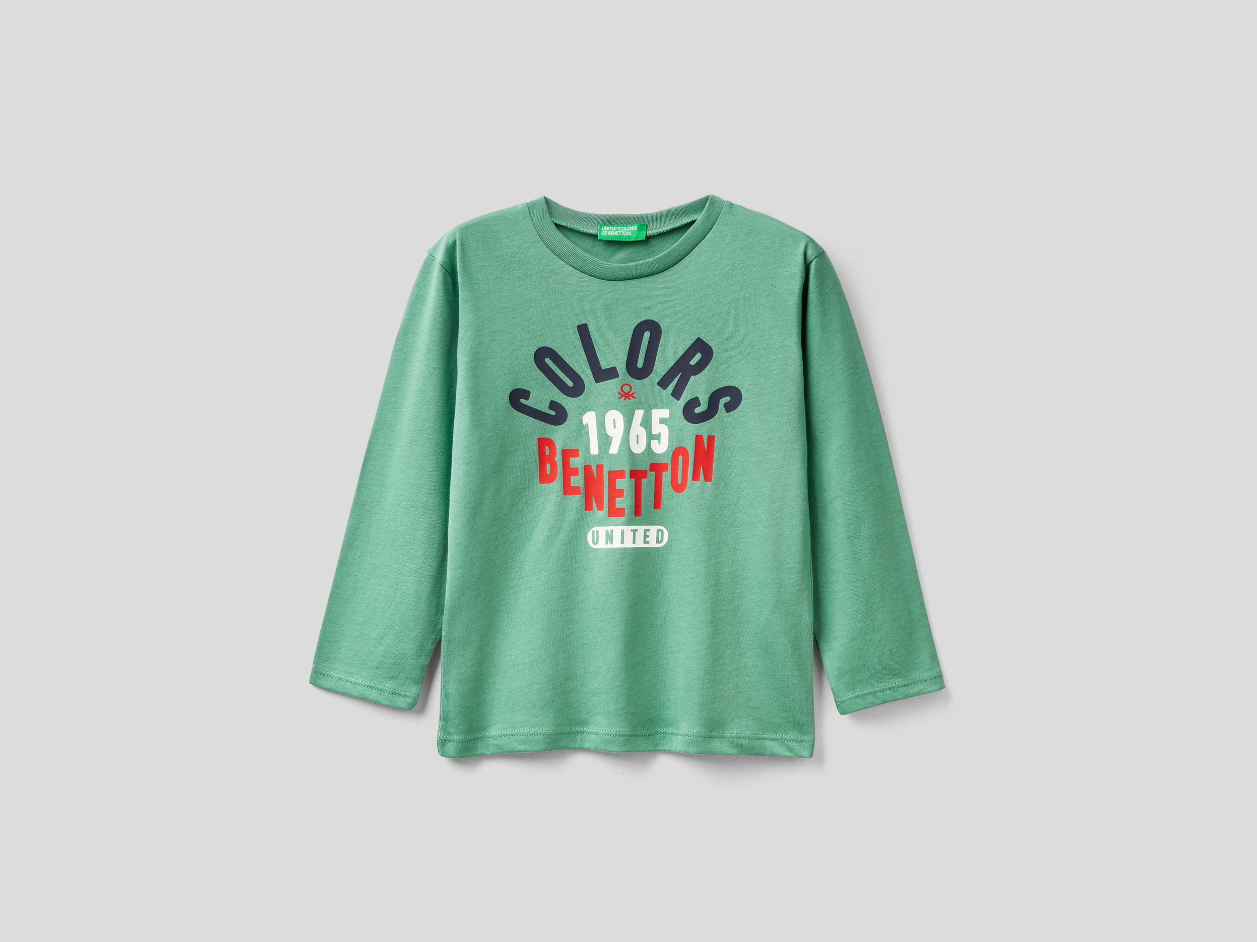 Benetton, T shirt Manica Lunga In Cotone Bio, Verde Chiaro, Bambini