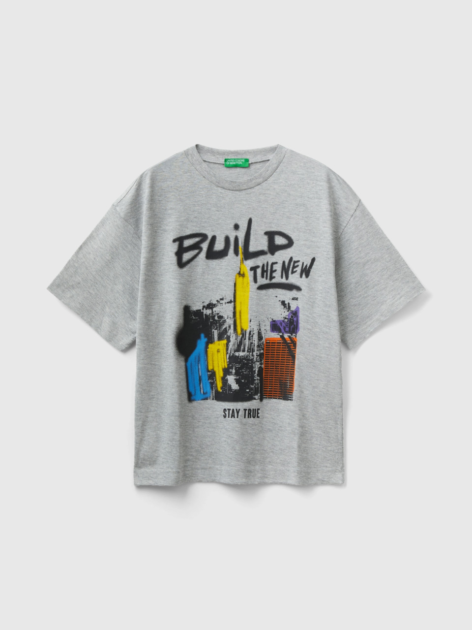Benetton, Crew Neck T-shirt With Print, Light Gray, Kids