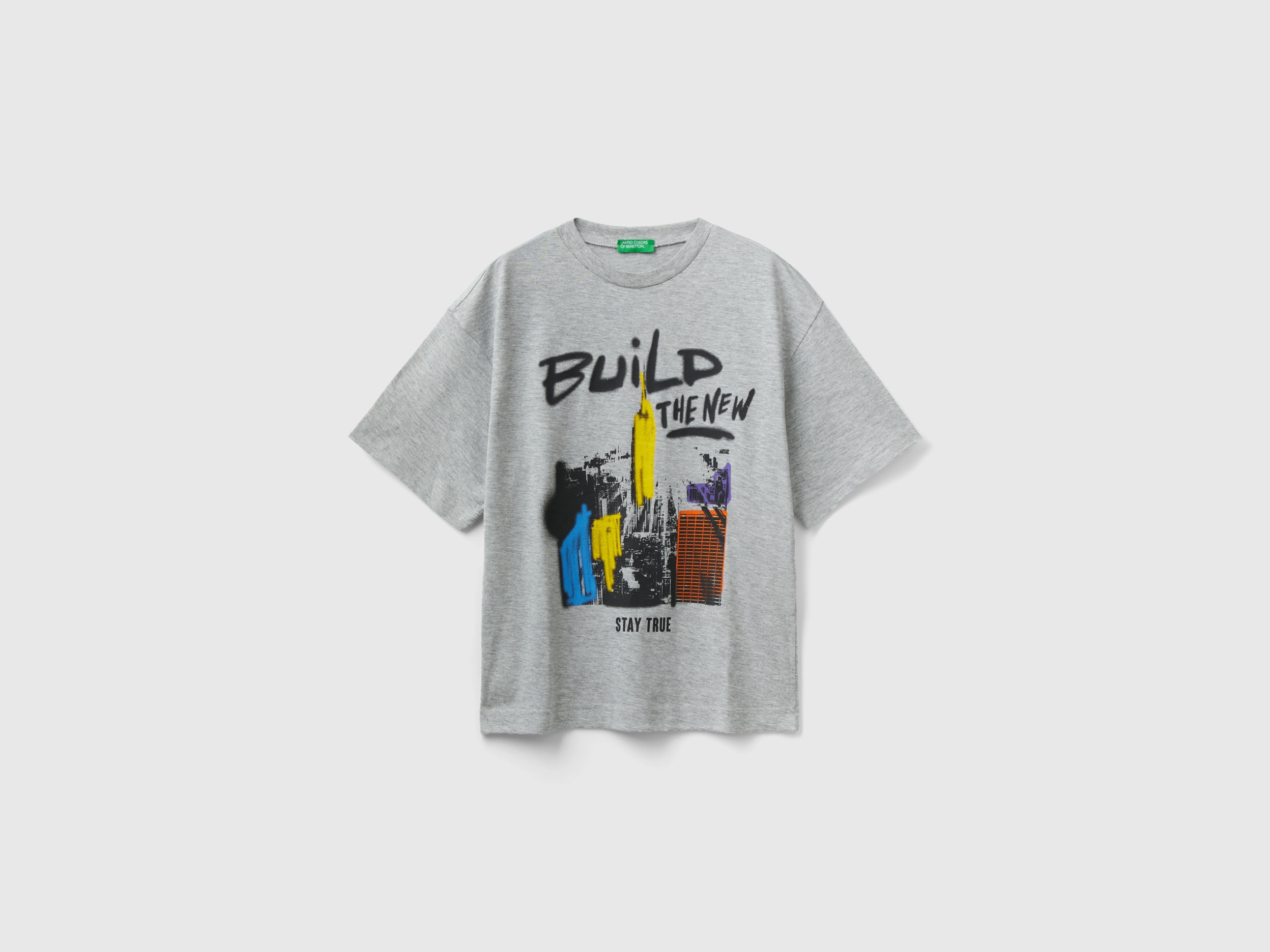 Benetton, Crew Neck T-shirt With Print, size 3XL, Light Gray, Kids
