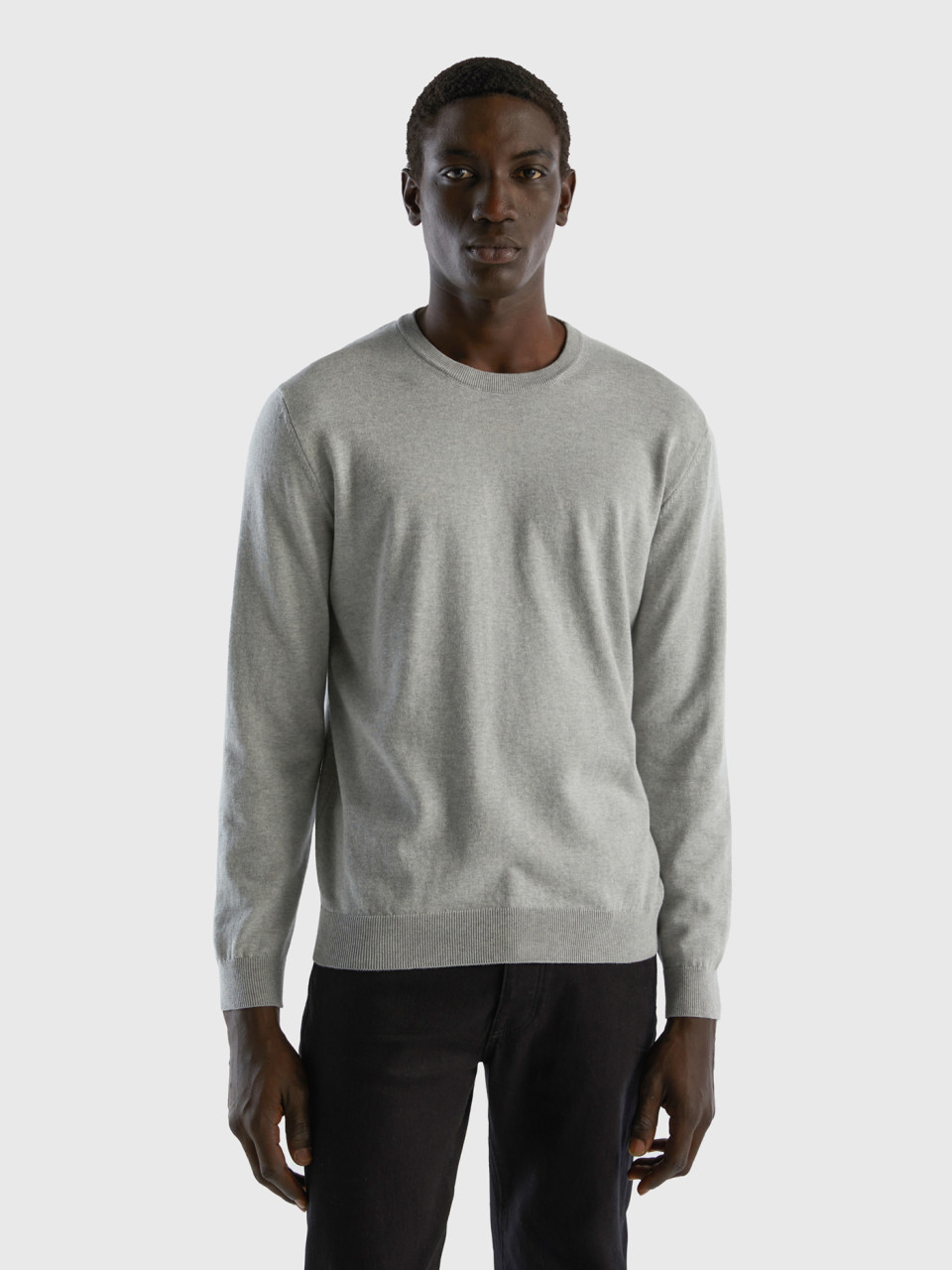 Benetton, Crew Neck Sweater In 100% Cotton, Light Gray, Men