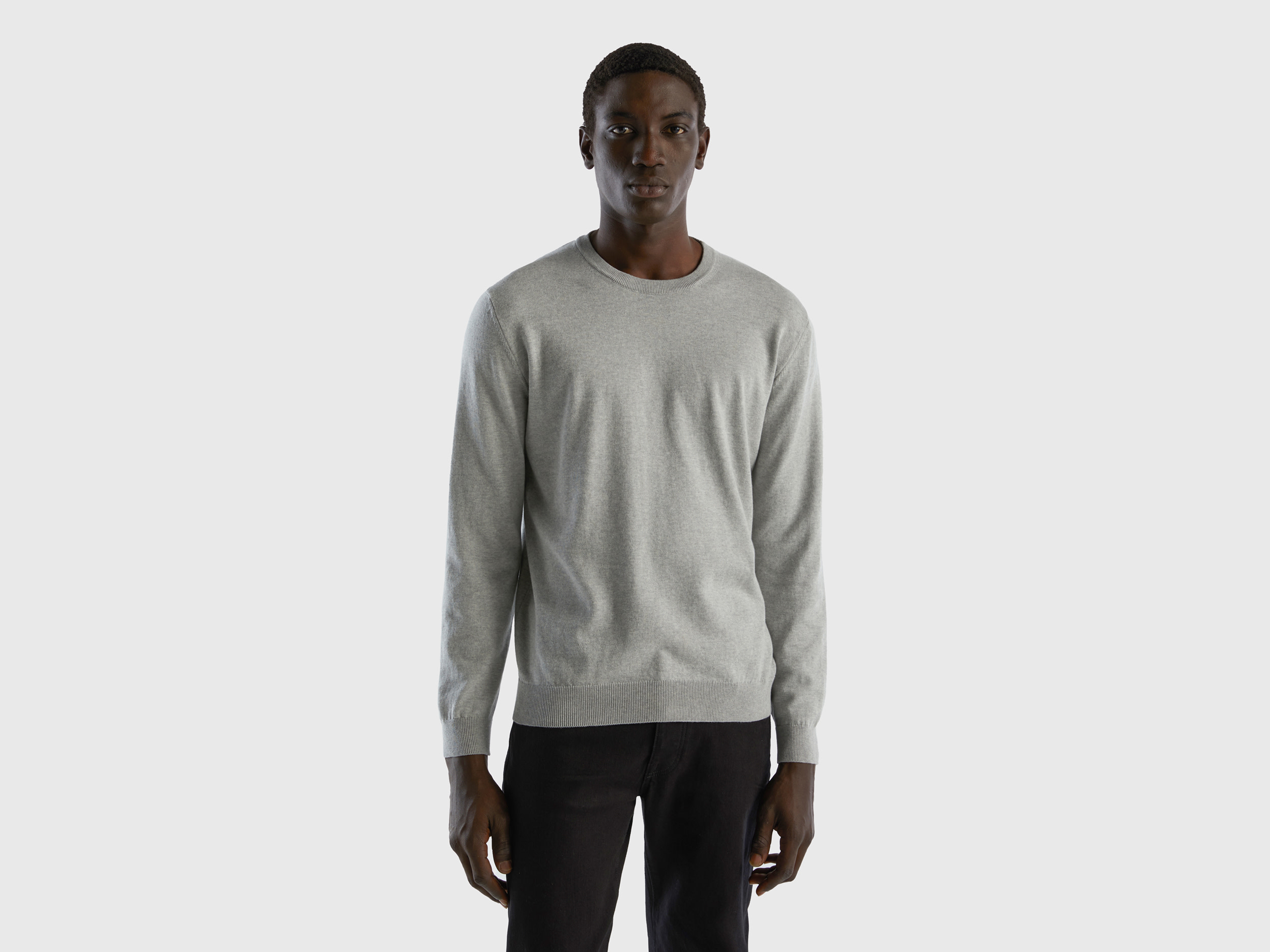 Benetton, Crew Neck Sweater In 100% Cotton, size XXL, Light Gray, Men