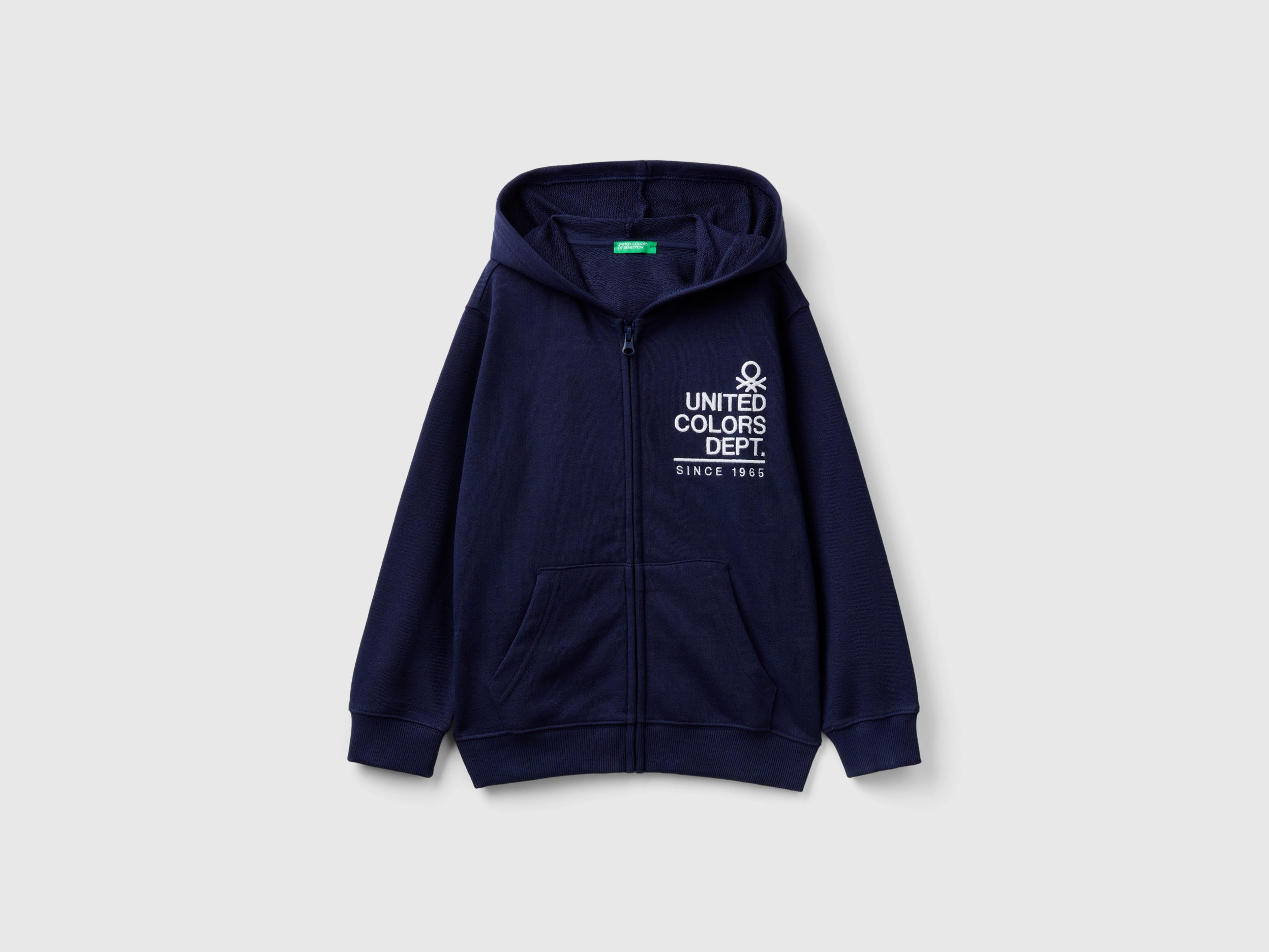Benetton, Felpa Con Zip E Ricamo Logo, Blu Scuro, Bambini