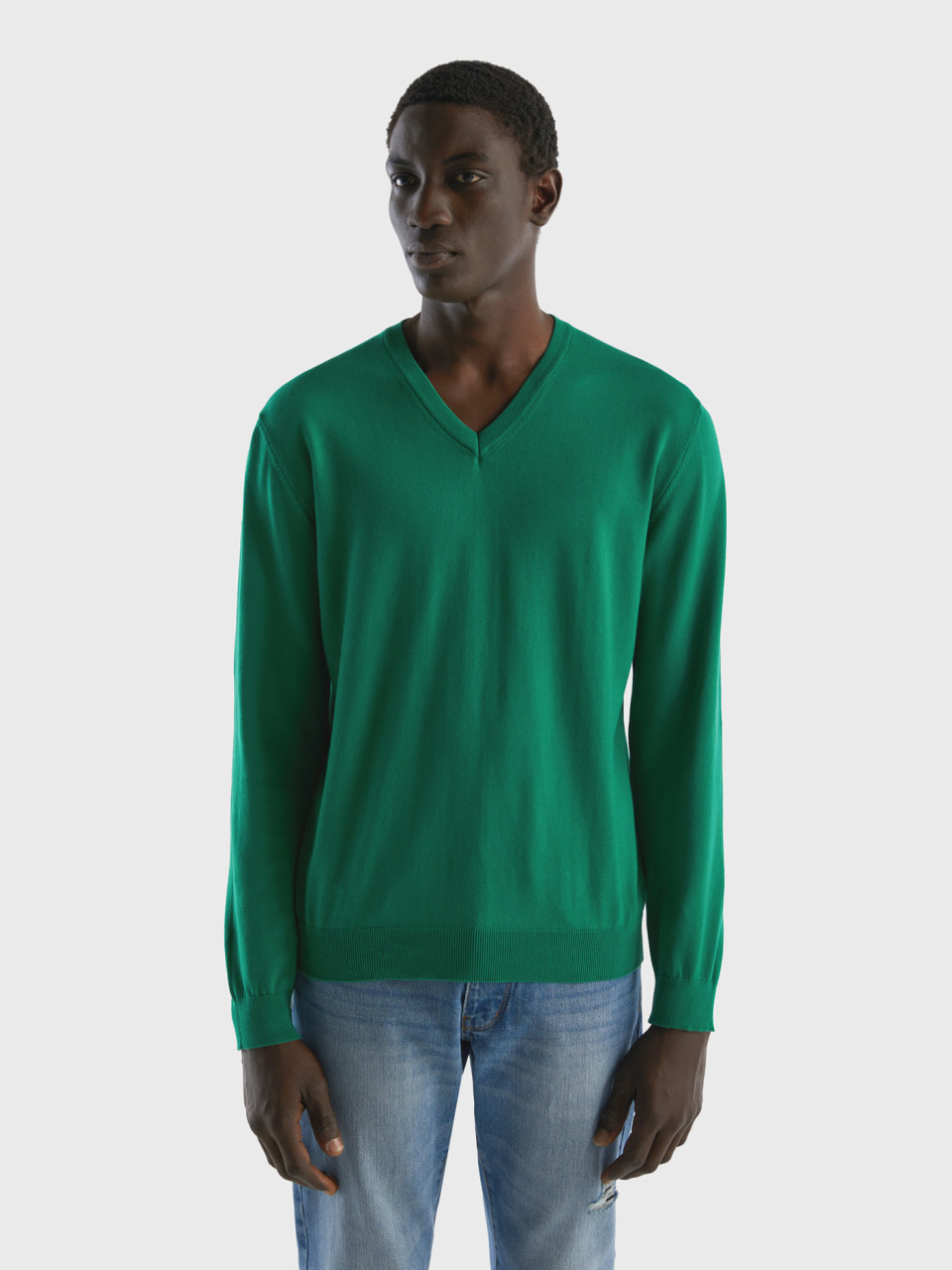 Benetton, V-neck Sweater In Pure Cotton, Dark Green, Men