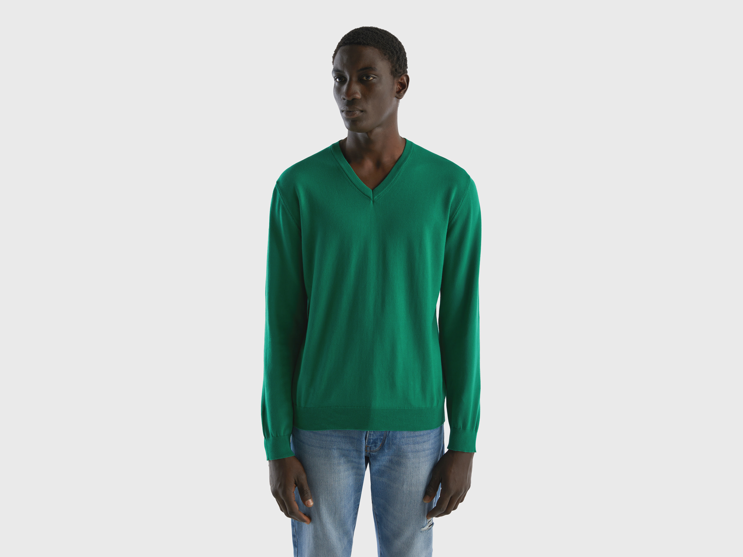 Benetton, V-neck Sweater In Pure Cotton, size XXL, Dark Green, Men