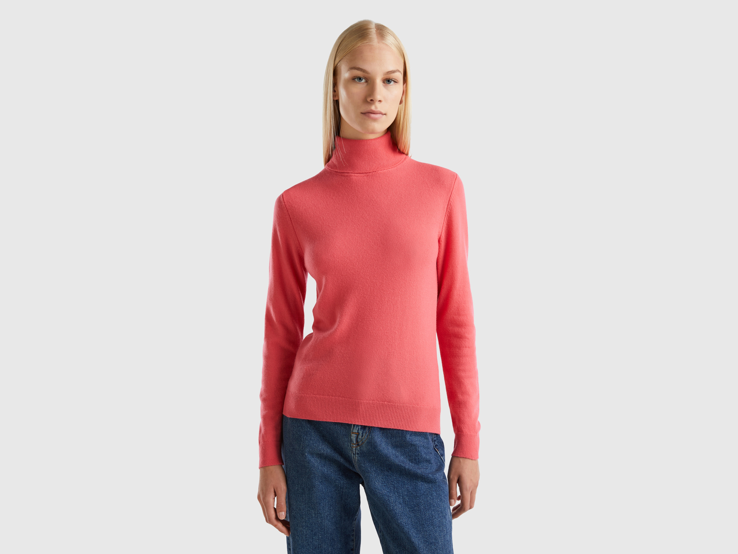 Benetton, Strawberry Red Turtleneck In Pure Merino Wool, size XS, Strawberry, Women