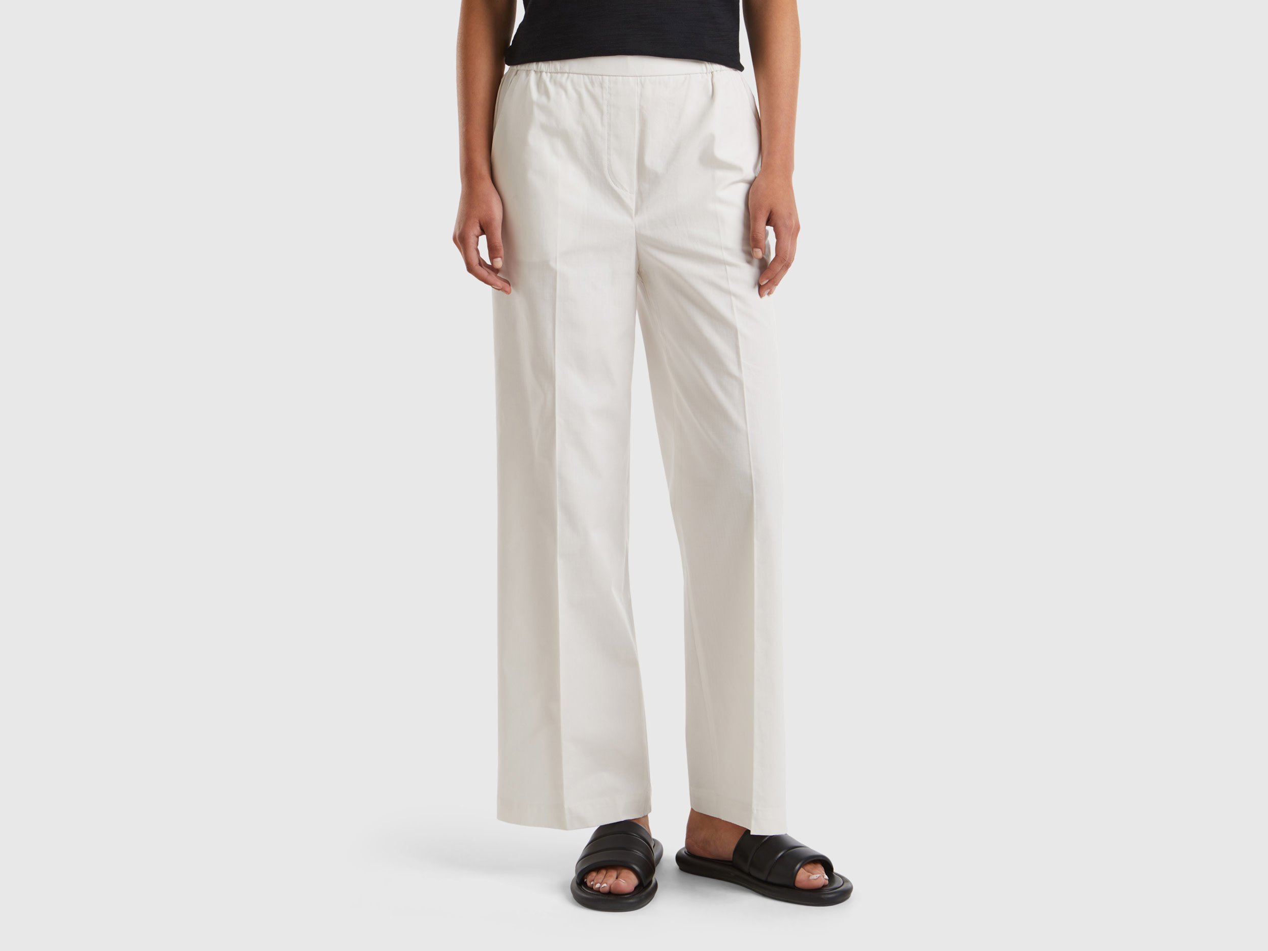 Benetton, Pantaloni Con Elastico In Vita, Bianco Panna, Donna