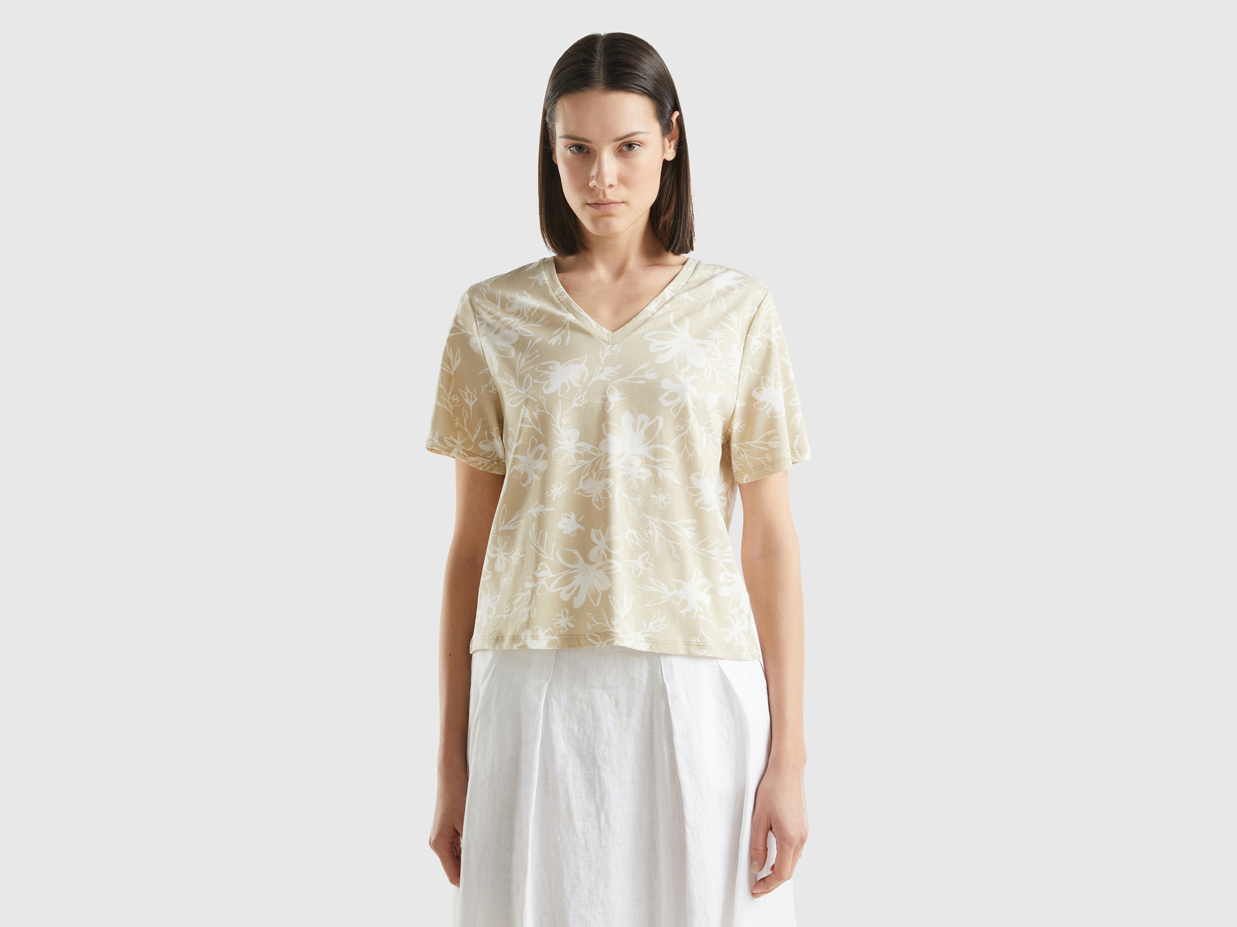 Benetton, T-shirt Fantasia In Cotone A Fibra Lunga, Beige, Donna
