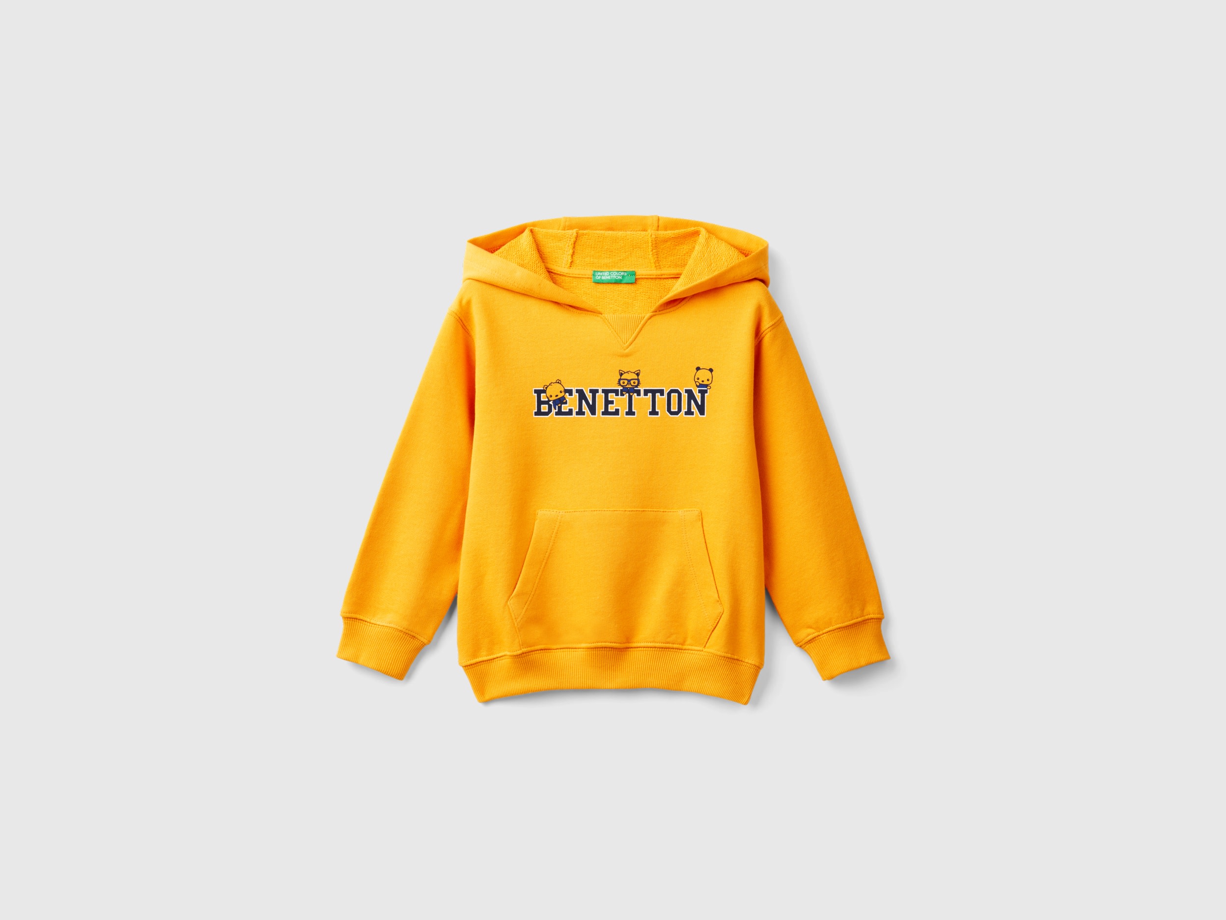 Benetton, Felpa Con Cappuccio 100% Cotone, Senape, Bambini