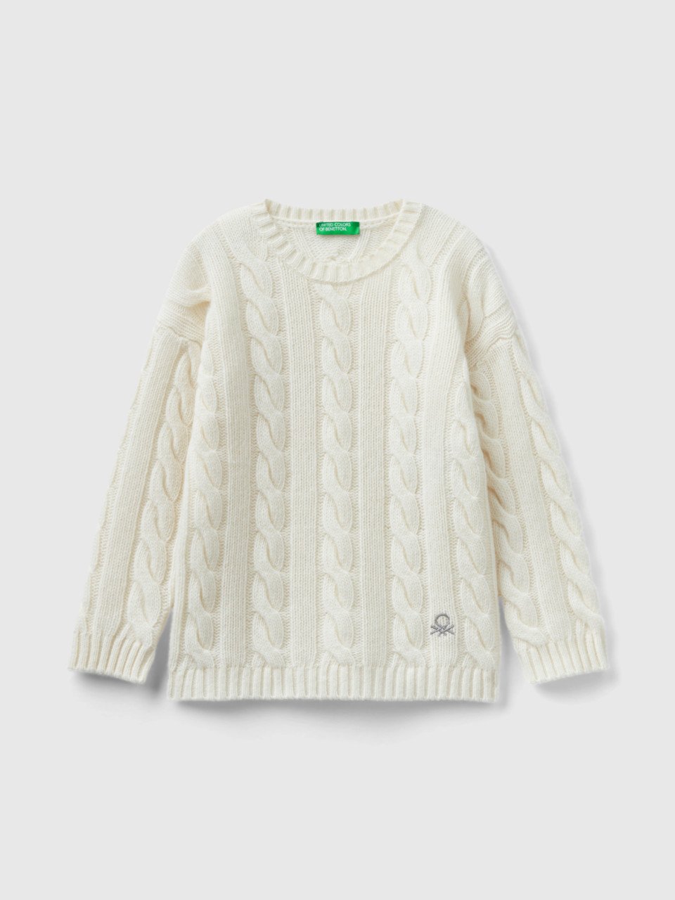 Benetton, Cable Knit Sweater In Wool Blend, White, Kids