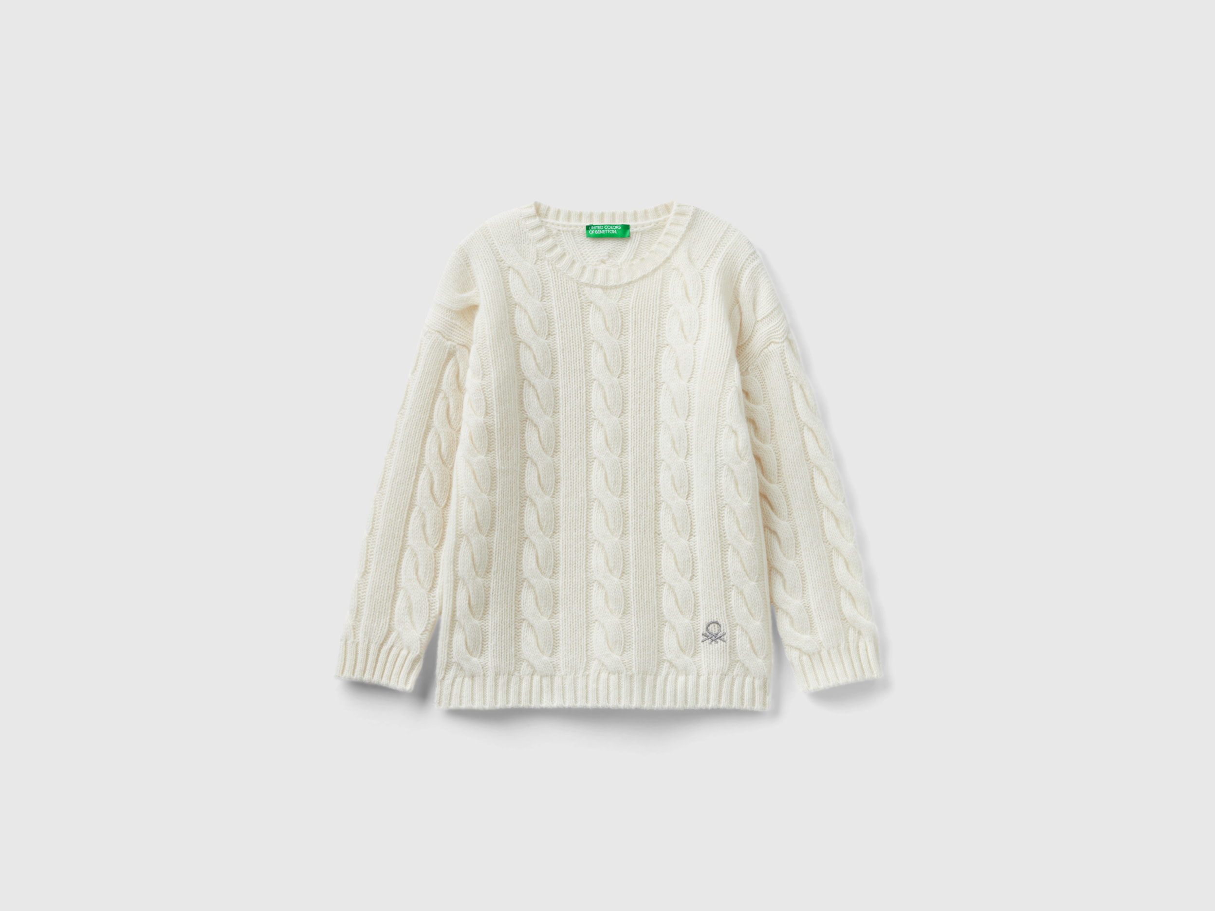 Benetton, Cable Knit Sweater In Wool Blend, size 4-5, White, Kids