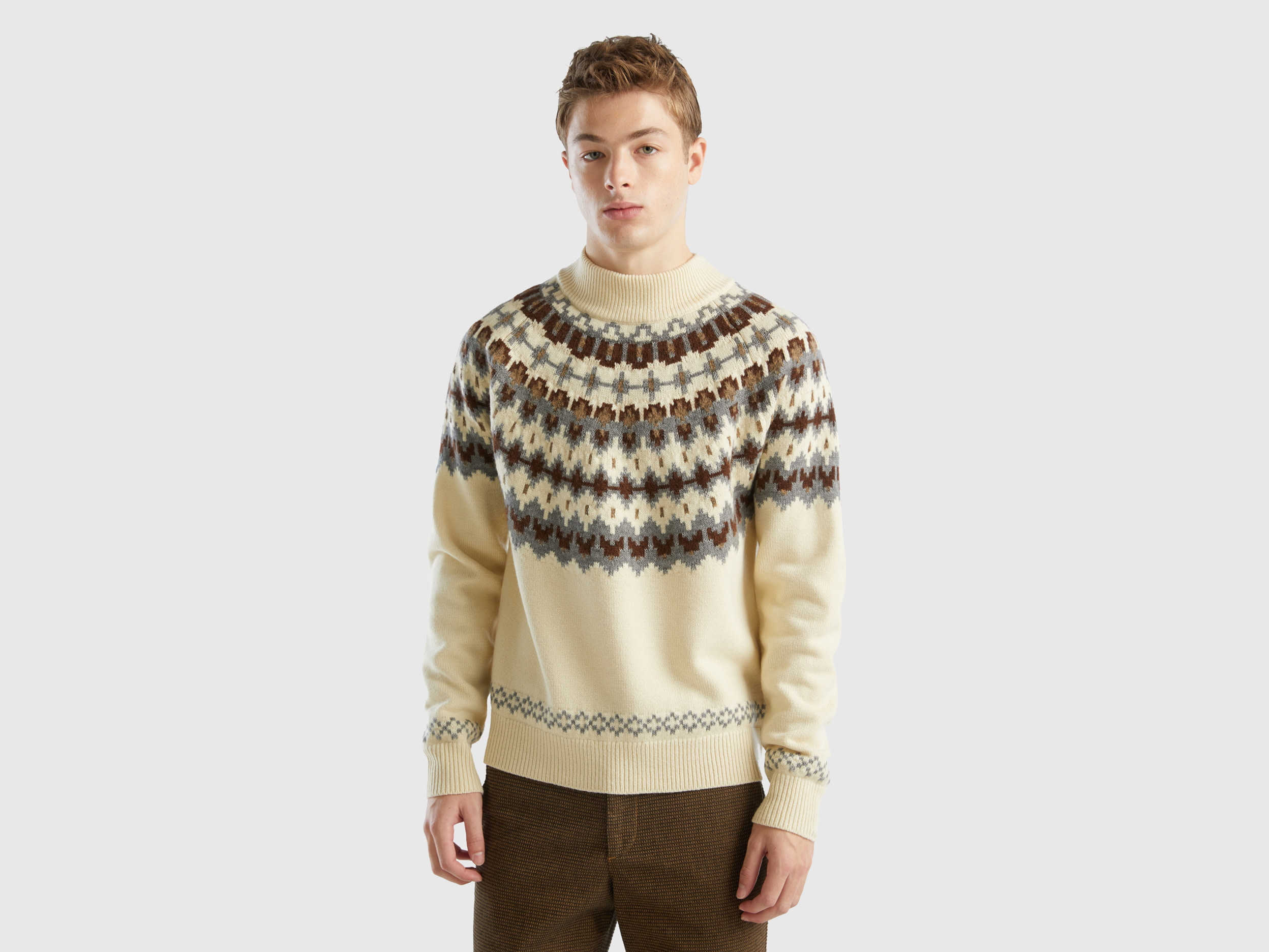 benetton, pull jacquard à col montant, taille m, beige, homme