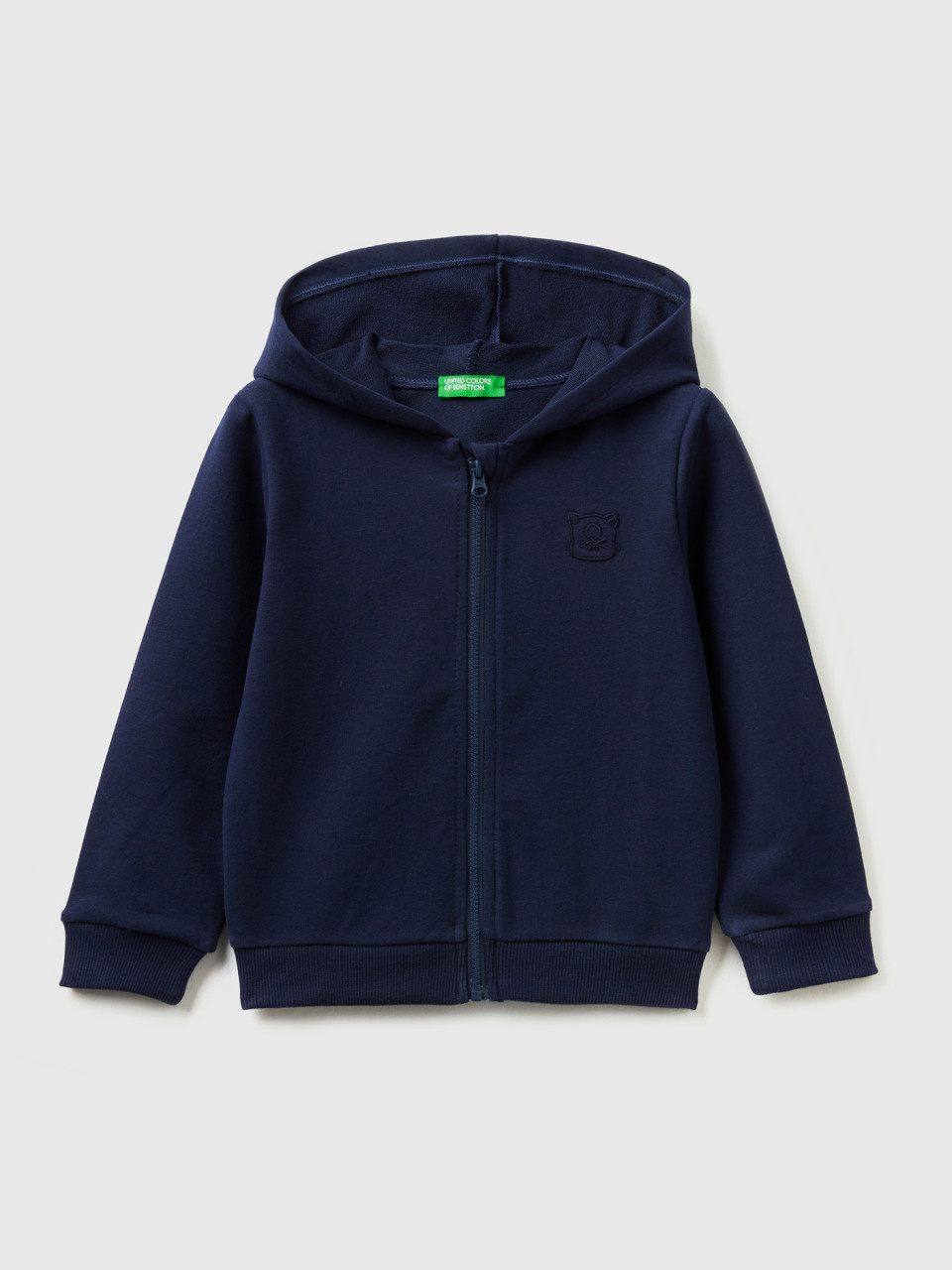 Benetton, Warm Sweatshirt With Zip And Embroidered Logo, Dark Blue, Kids