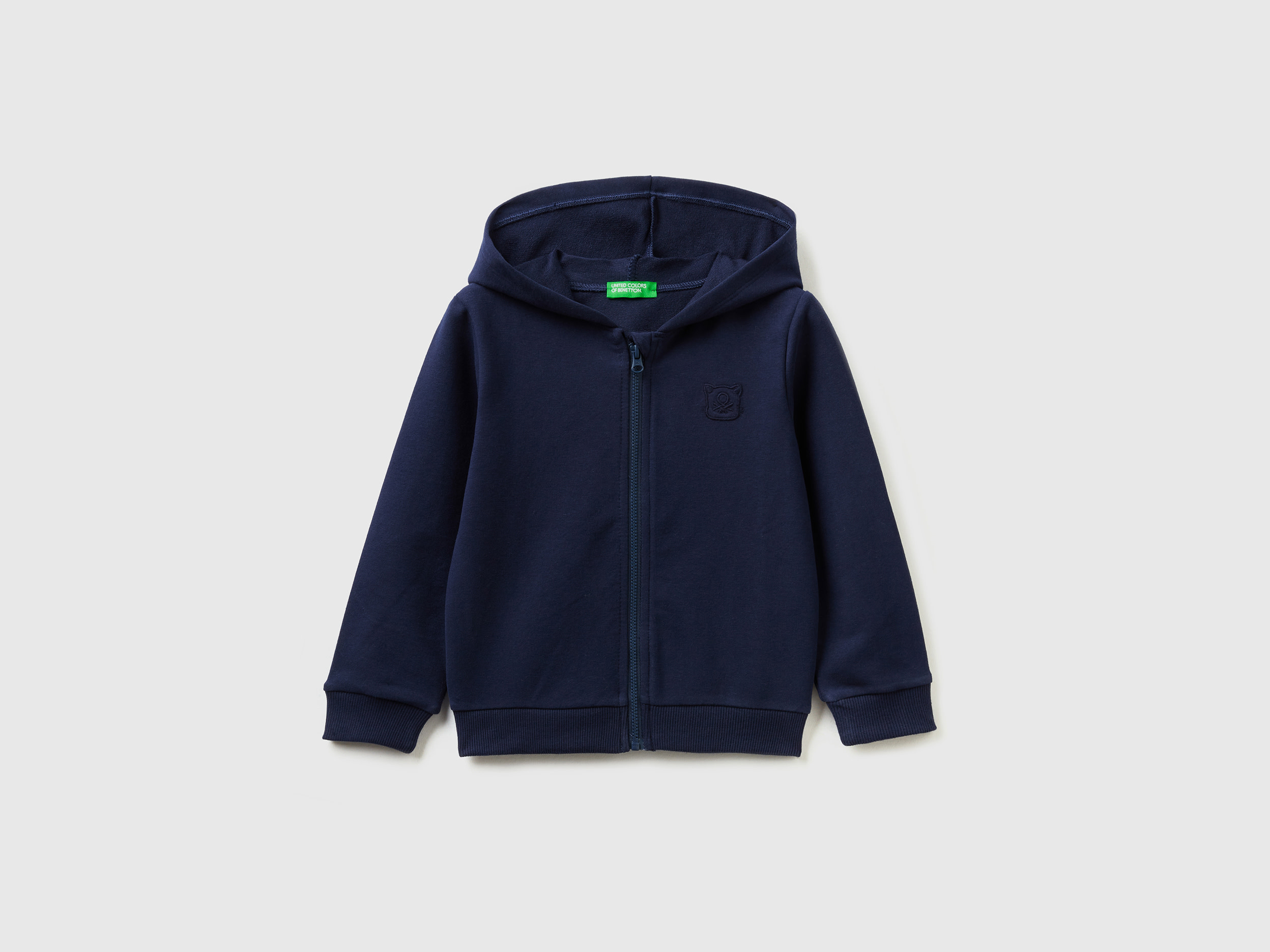 Benetton, Warm Sweatshirt With Zip And Embroidered Logo, size 4-5, Dark Blue, Kids