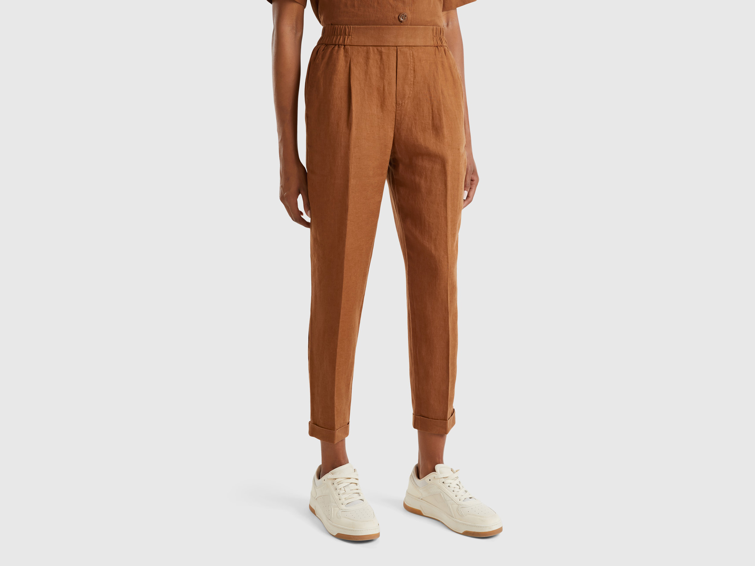 Benetton, Pantaloni Regular Fit In Puro Lino, Marrone, Donna