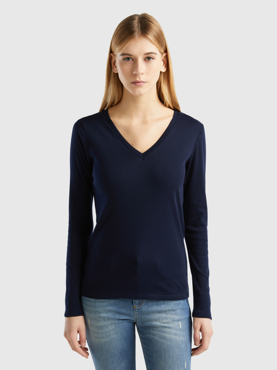 Benetton, Long Sleeve T-shirt With V-neck, Dark Blue, Women