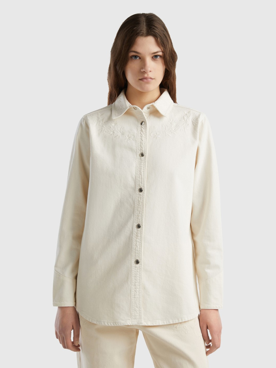 Benetton, Oversized Shirt With Floral Embroidery, Creamy White, Women