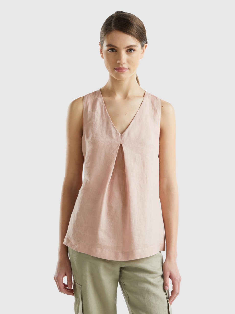 Benetton, Sleeveless Blouse In Pure Linen, Soft Pink, Women
