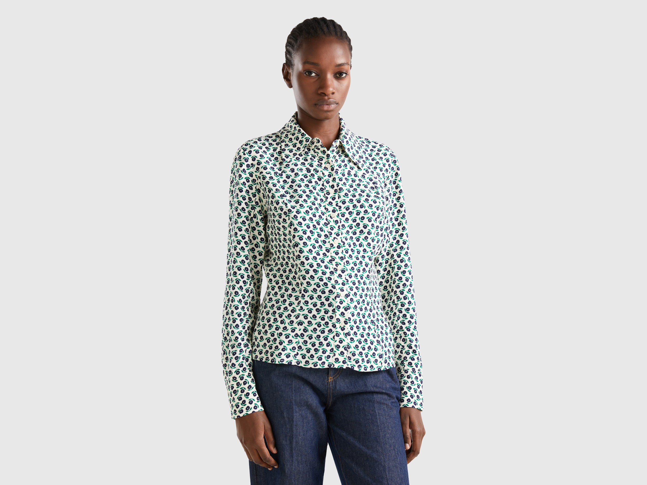 Benetton, Shirt With Flower Print, size M, White, Women