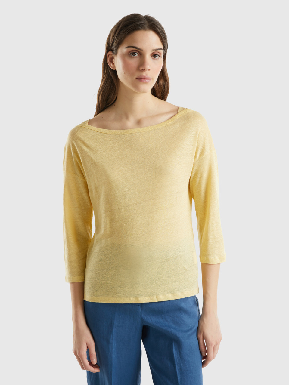 Benetton, 3/4 Sleeve T-shirt In Pure Linen, Yellow, Women