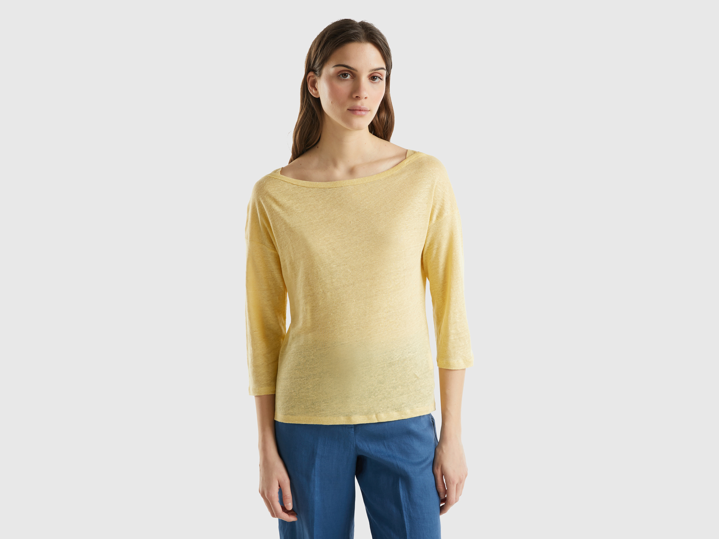 Benetton, T-shirt Manica A 3/4 In Puro Lino, Giallo, Donna
