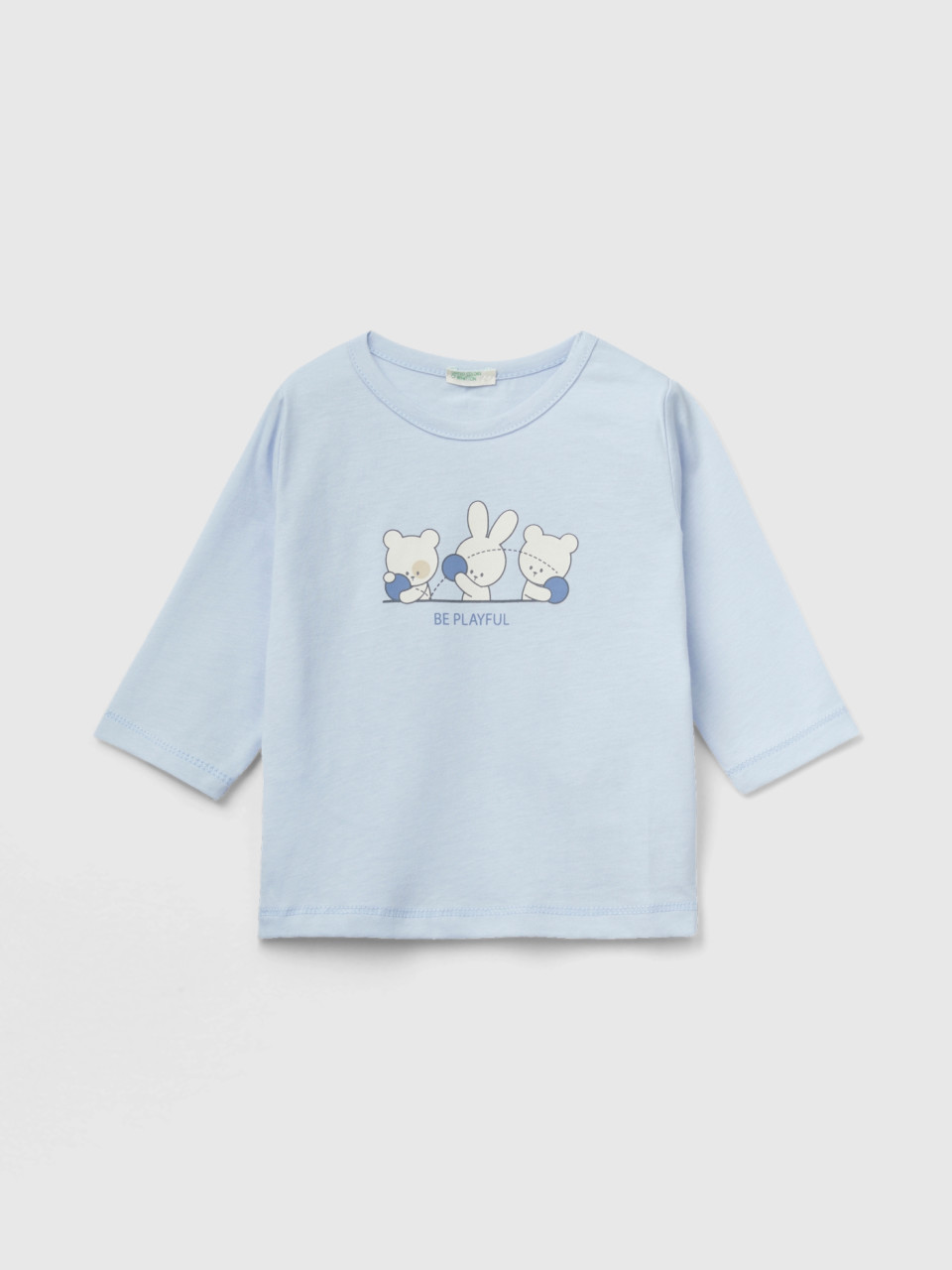 Benetton, T-shirt En Coton Bio Chaud, Bleu Ciel, Enfants