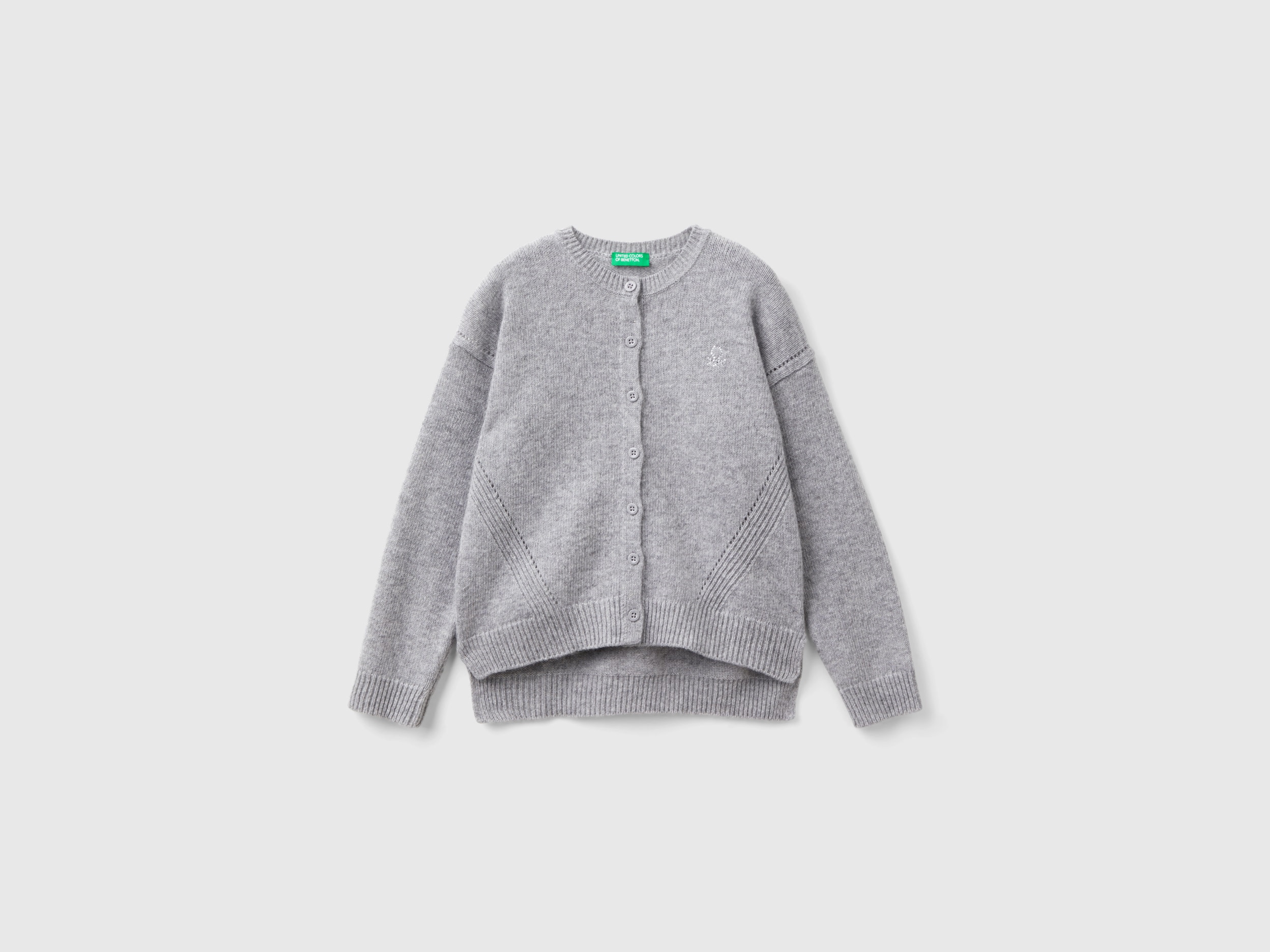 Benetton, Cardigan Girocollo Con Logo In Strass, Grigio Chiaro, Bambini