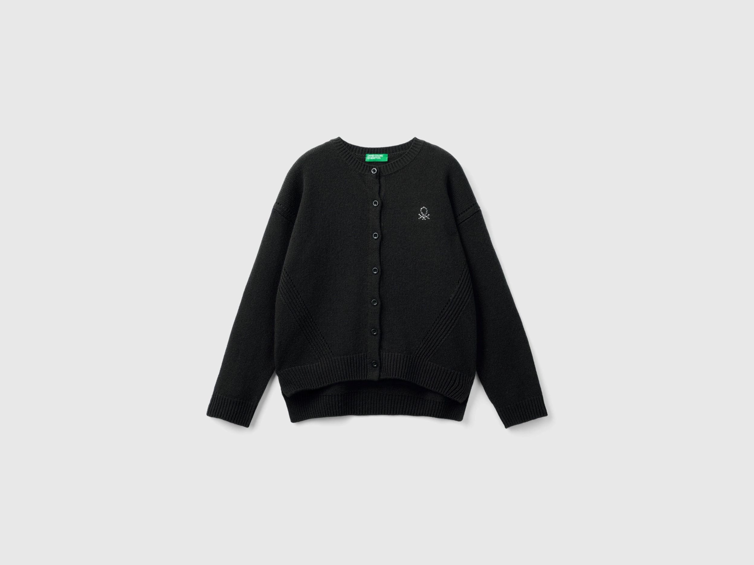 Benetton, Cardigan Girocollo Con Logo In Strass, Nero, Bambini