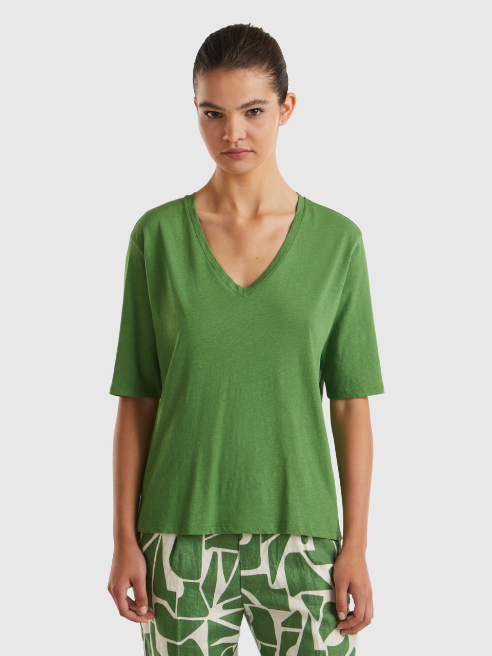 Benetton, T-shirt In Cotton And Linen Blend, Military Green, Women