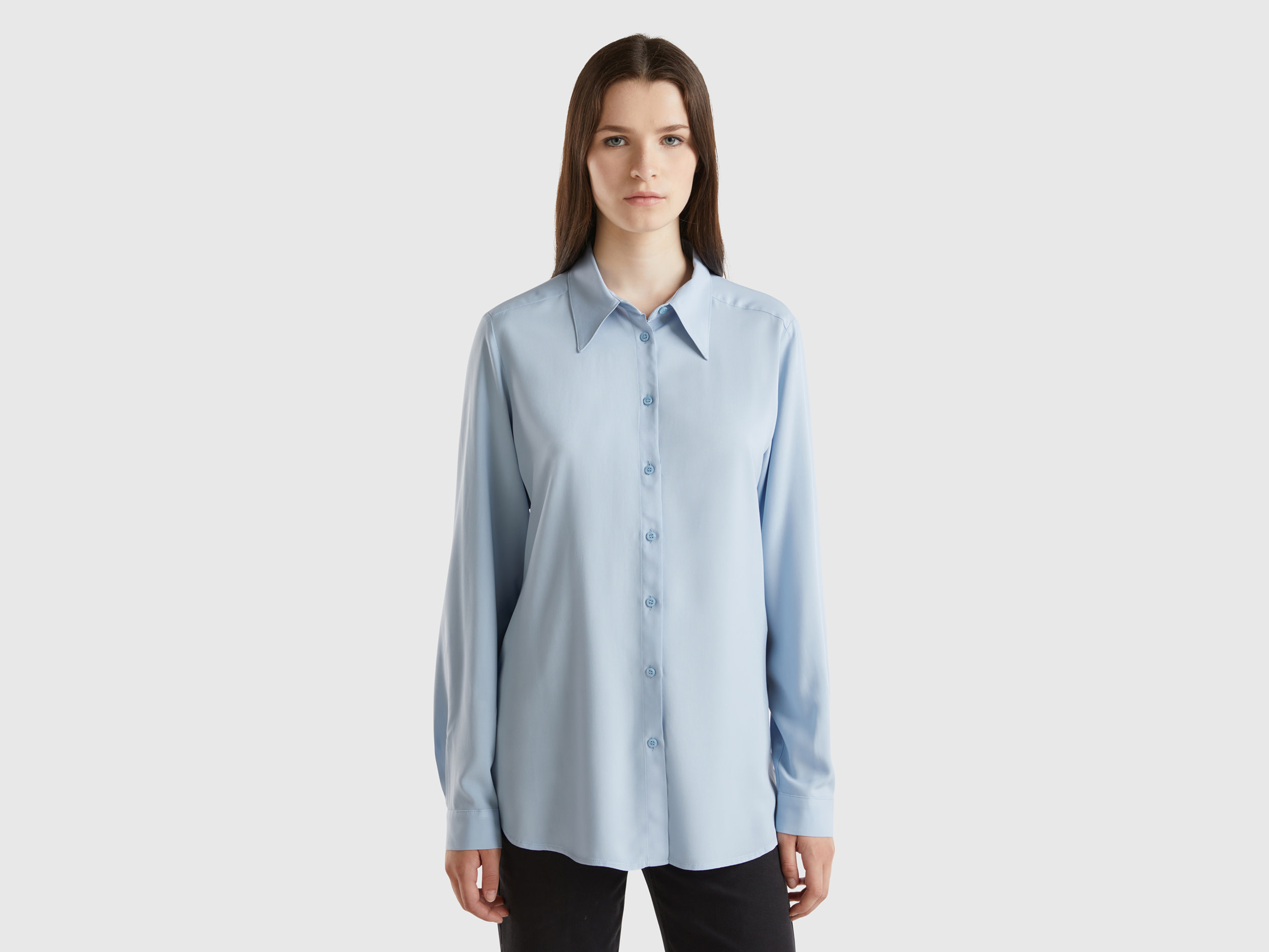 Benetton, Camicia Regular Fit In Viscosa Sostenibile, Celeste, Donna