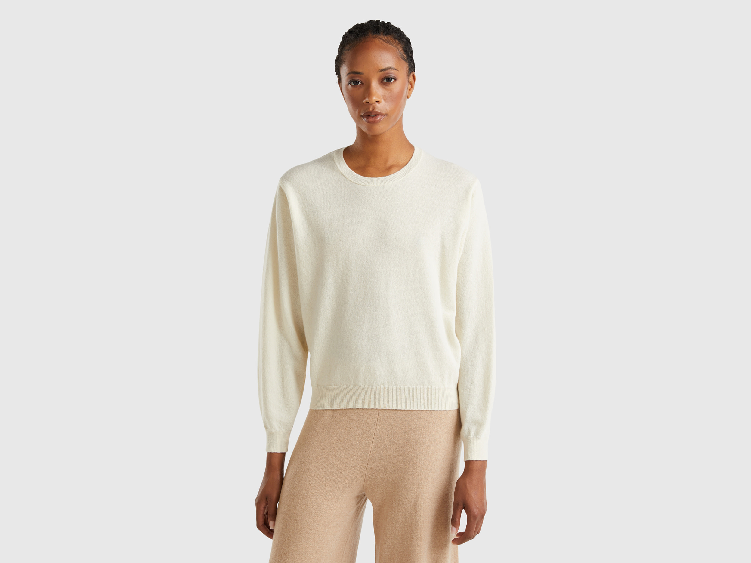 Benetton, Maglia Relaxed Fit In Pura Lana Merino, Bianco Panna, Donna