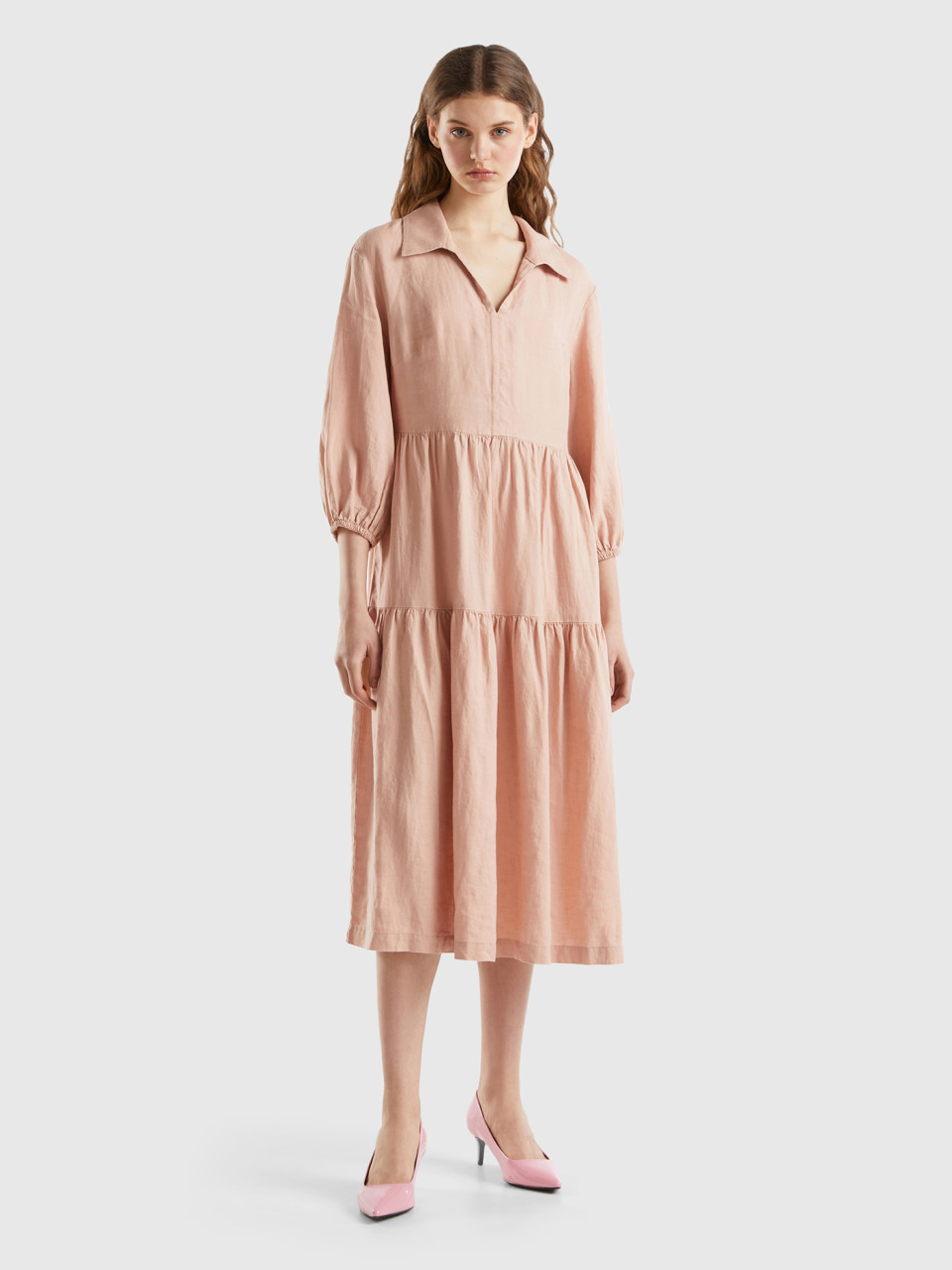 Benetton, Dress With Ruffles In Pure Linen, Soft Pink, Women