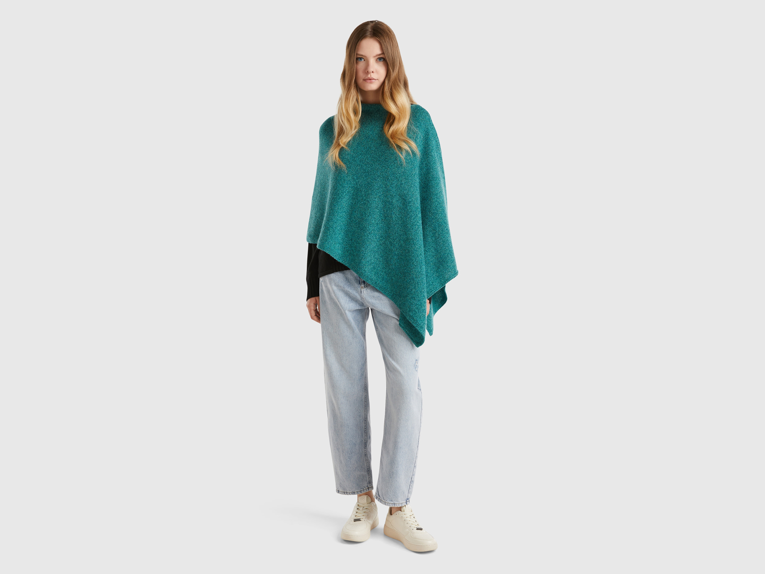 Benetton, Mantella In Pura Lana Shetland, Verde Ottanio, Donna