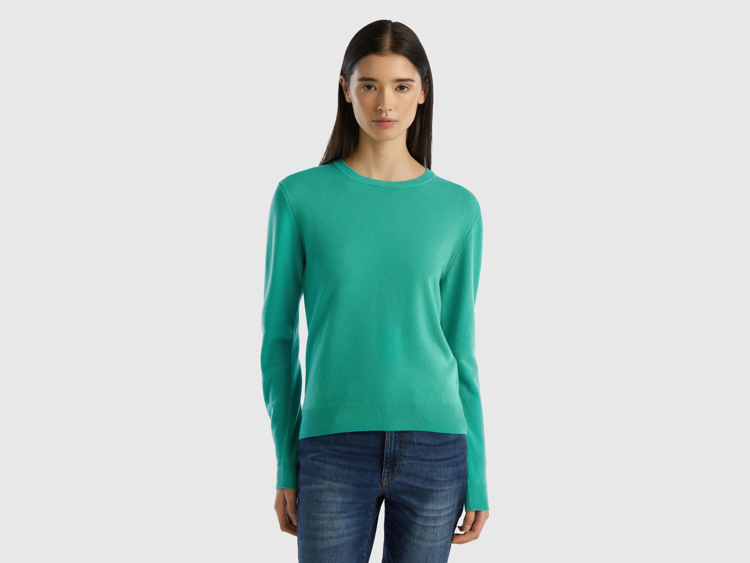 Benetton, Light Green Crew Neck Sweater In Merino Wool, size XS, Light Green, Women