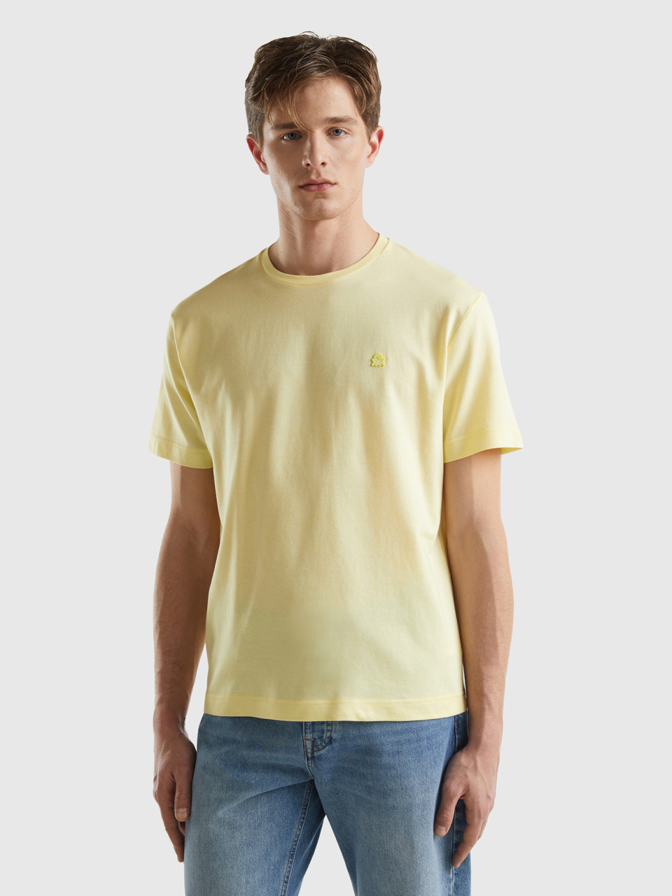 Benetton, T-shirt In Micro Pique, Yellow, Men